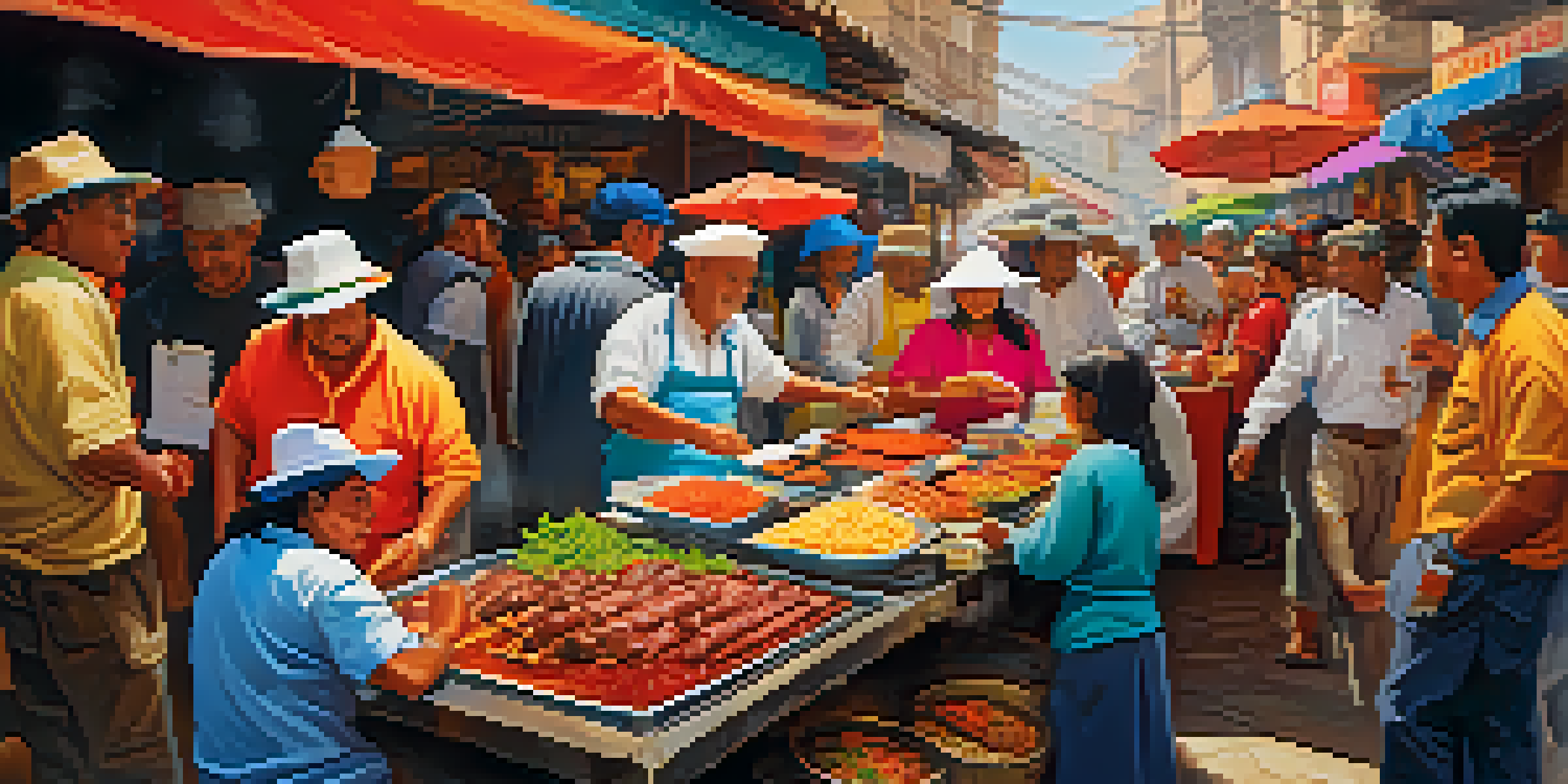 A lively Peruvian street food market with a vendor selling anticuchos, skewered beef heart, surrounded by colorful condiments and happy customers.