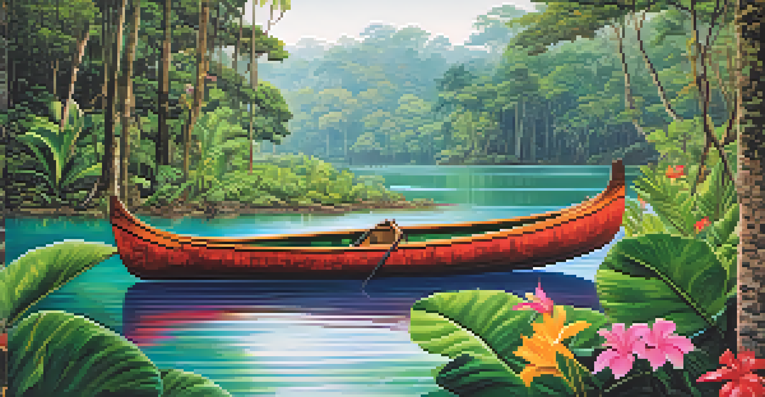 A canoe floats on a calm river surrounded by dense Amazon rainforest, with colorful flowers and lush greenery all around.