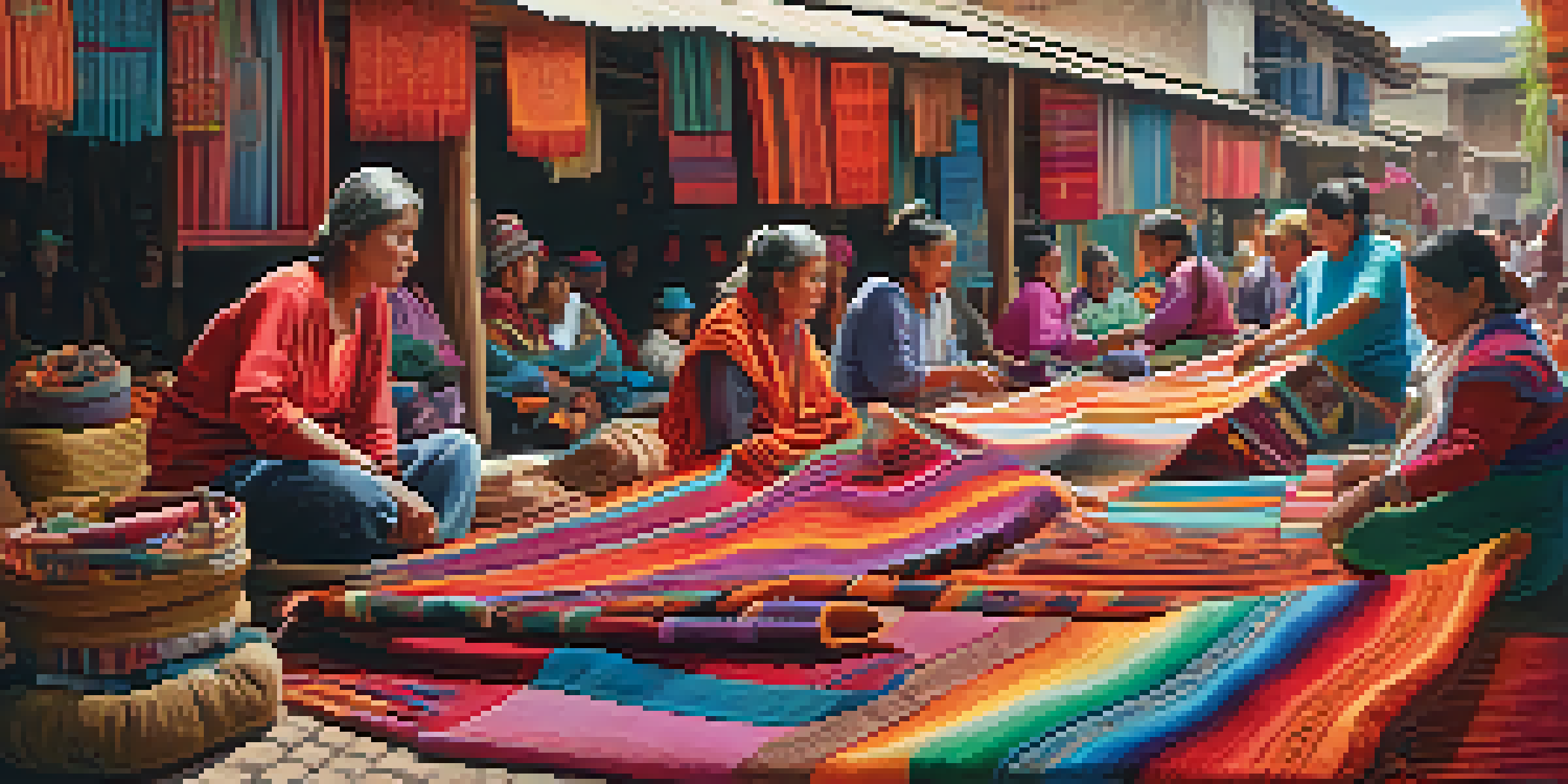 Artisans weaving colorful Peruvian textiles on backstrap looms in a lively market, surrounded by natural light and vibrant materials.