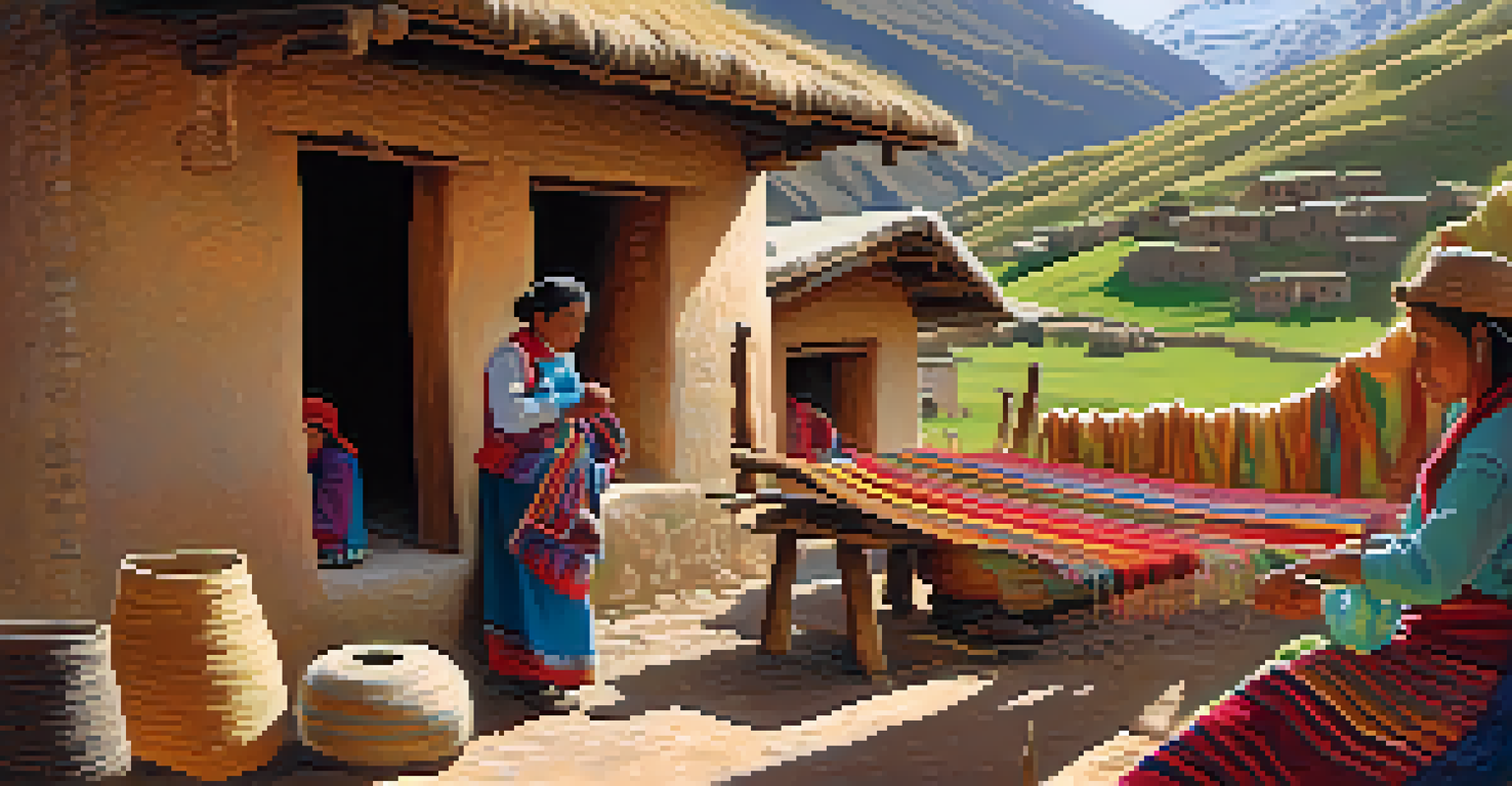 A local artisan weaving textiles in a traditional village, with colorful threads and adobe houses in the background.