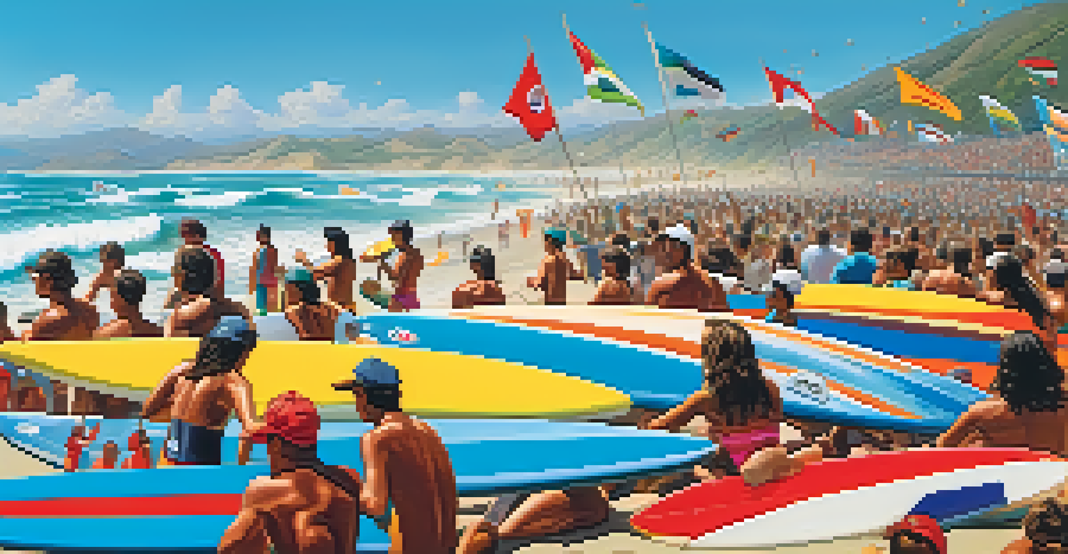 Surfers competing in a vibrant Peruvian surf competition, with spectators cheering on the beach and colorful boards in the water.