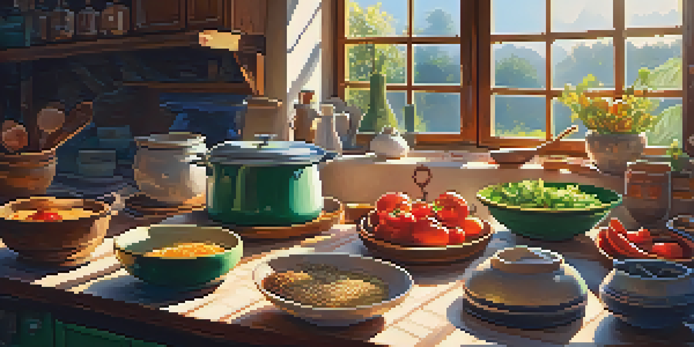 A warm homestay kitchen with a local family preparing breakfast, sunlight streaming through the window and colorful ingredients on the counter.