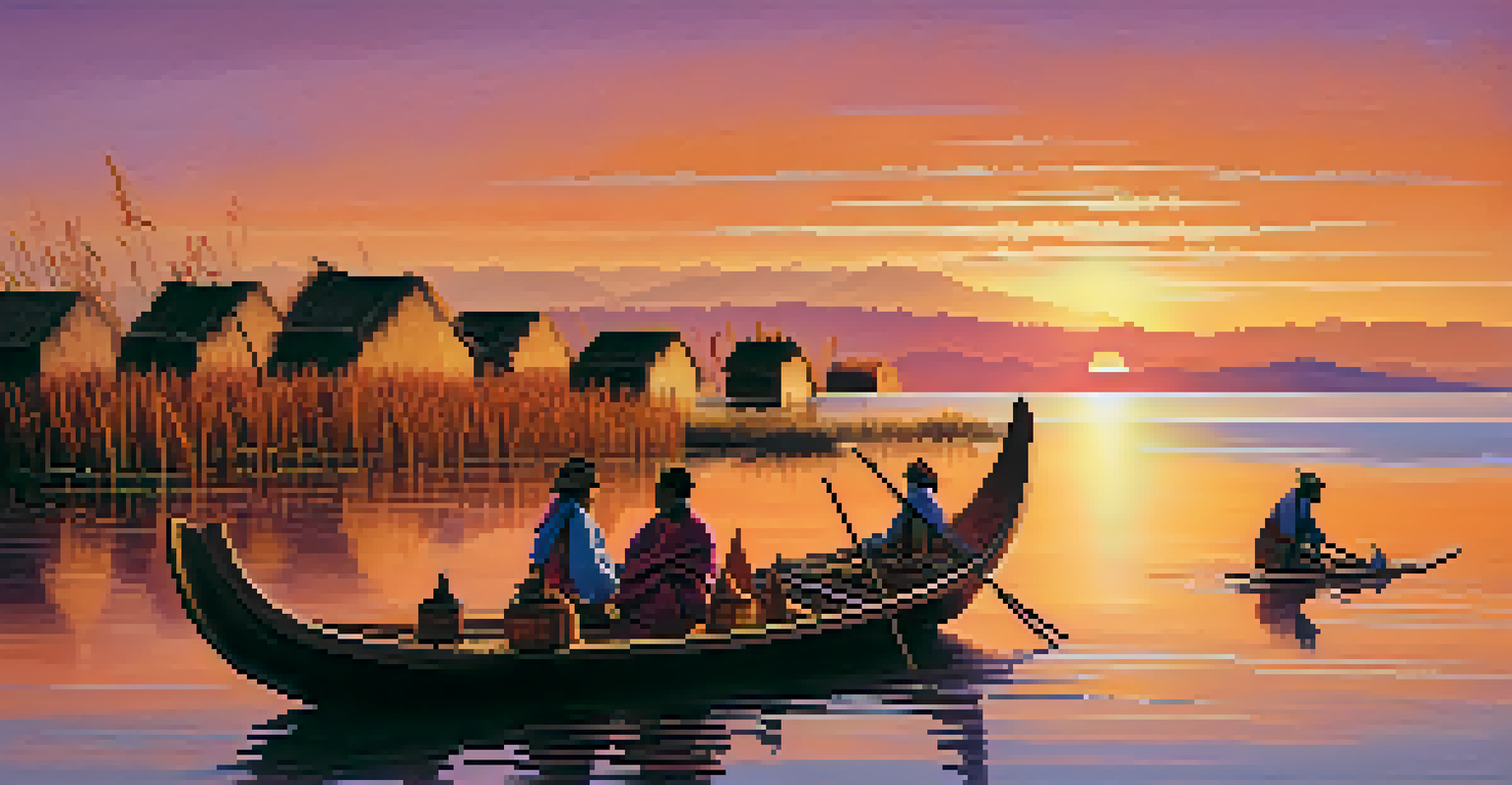 A picturesque view of Lake Titicaca at sunset, with traditional reed boats and local people in traditional attire.