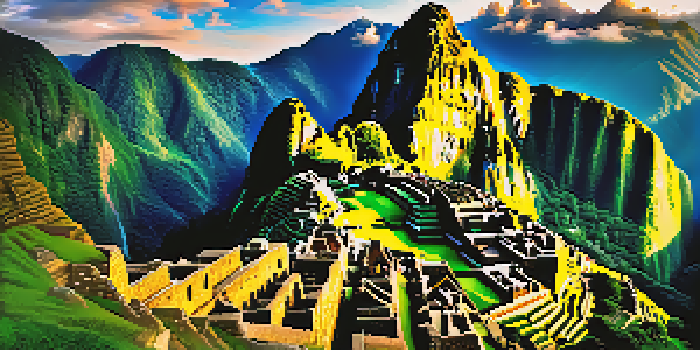 Aerial view of Machu Picchu surrounded by green mountains and mist, with sunlight illuminating the ancient stone structures.