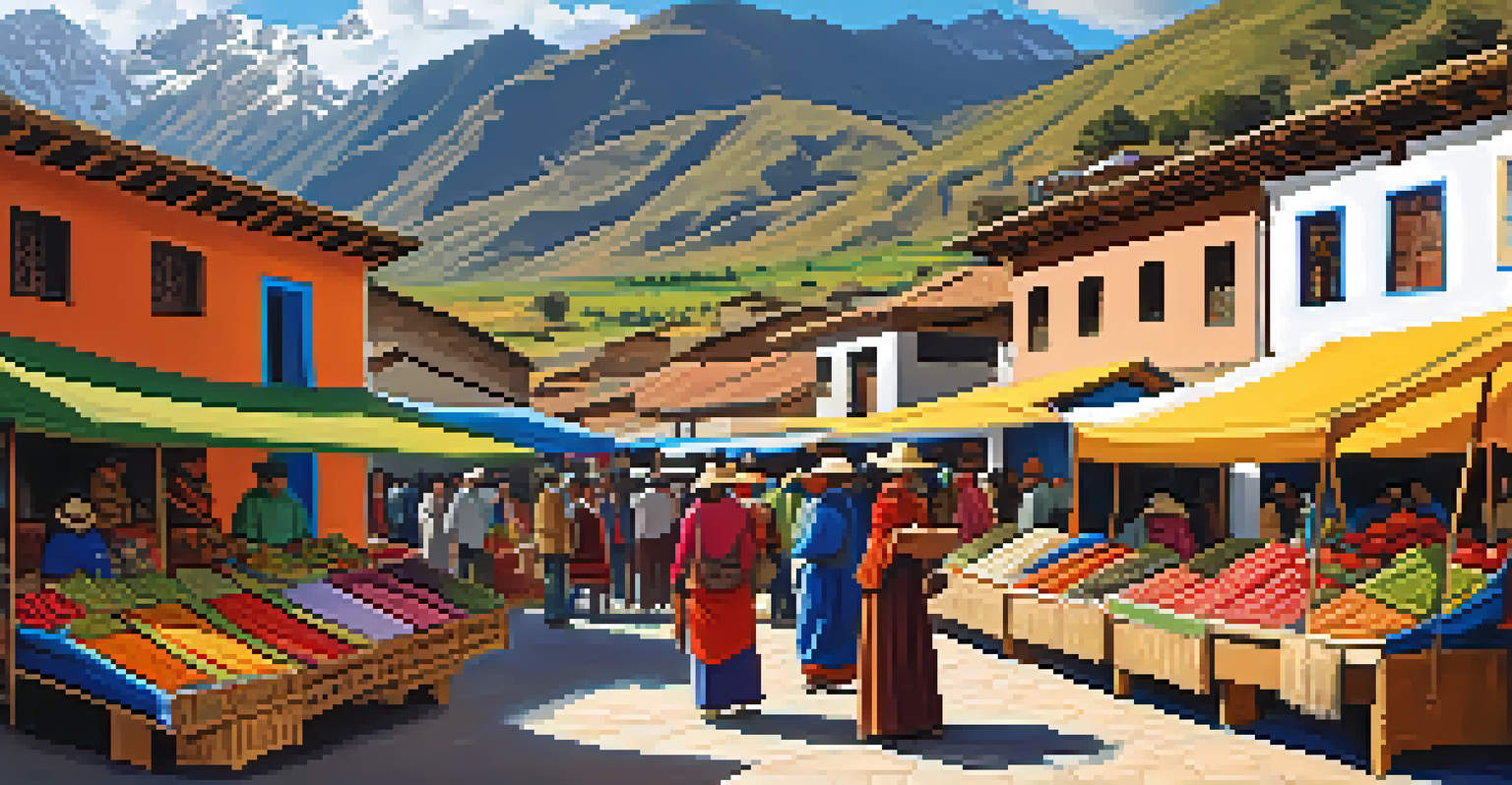A lively market scene in the Sacred Valley, showcasing colorful textiles and fresh produce with traditional architecture and mountains in the background.