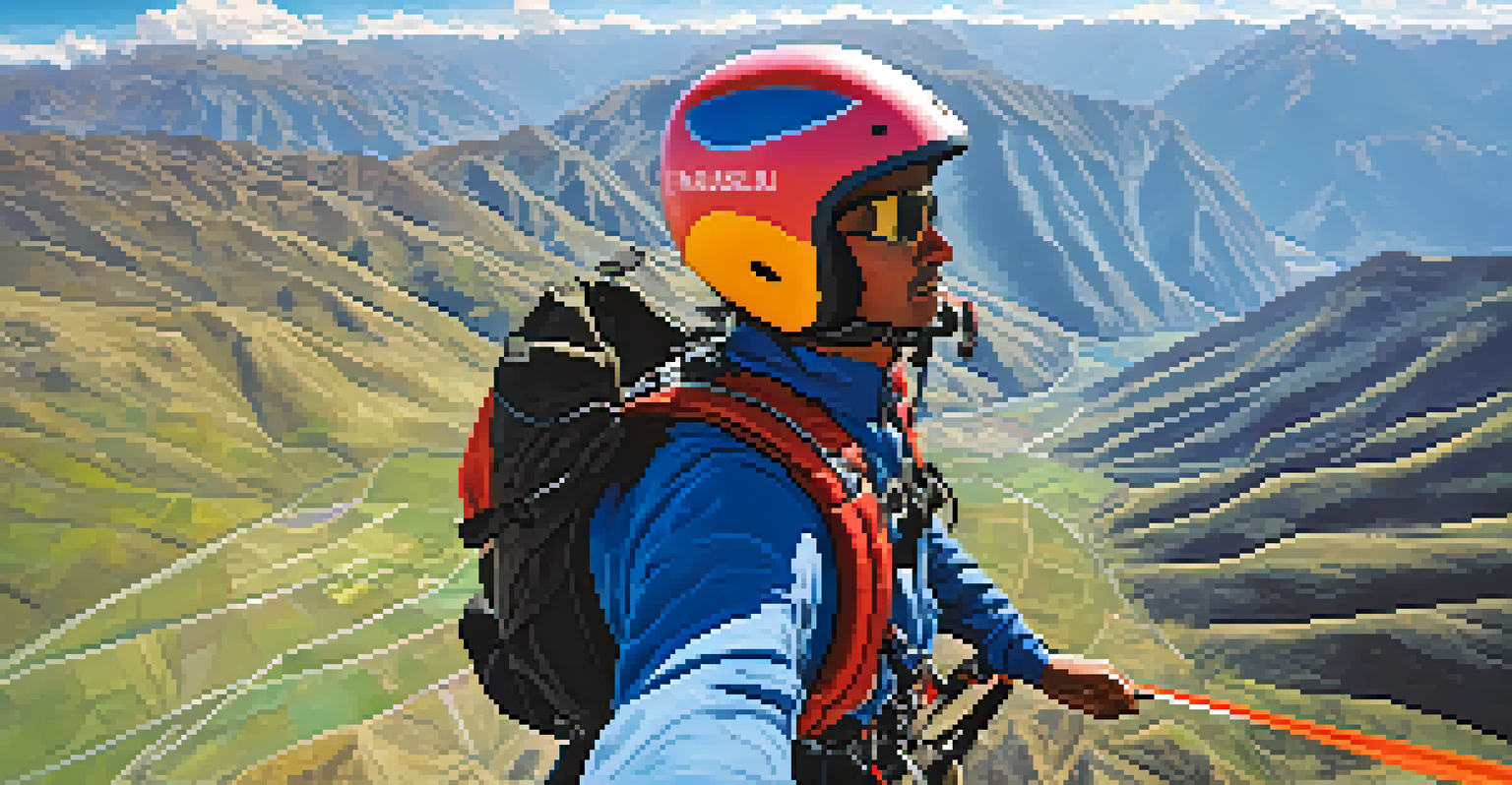 Close-up of a paraglider pilot preparing to take off on a mountain ridge in Peru, with a colorful canopy and blue sky.