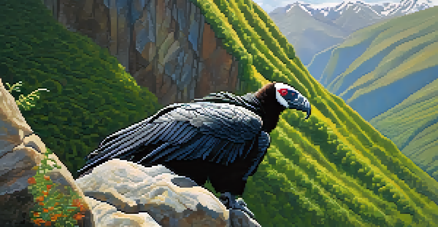 Close-up of an Andean condor on a cliff with the Andes mountains in the background.
