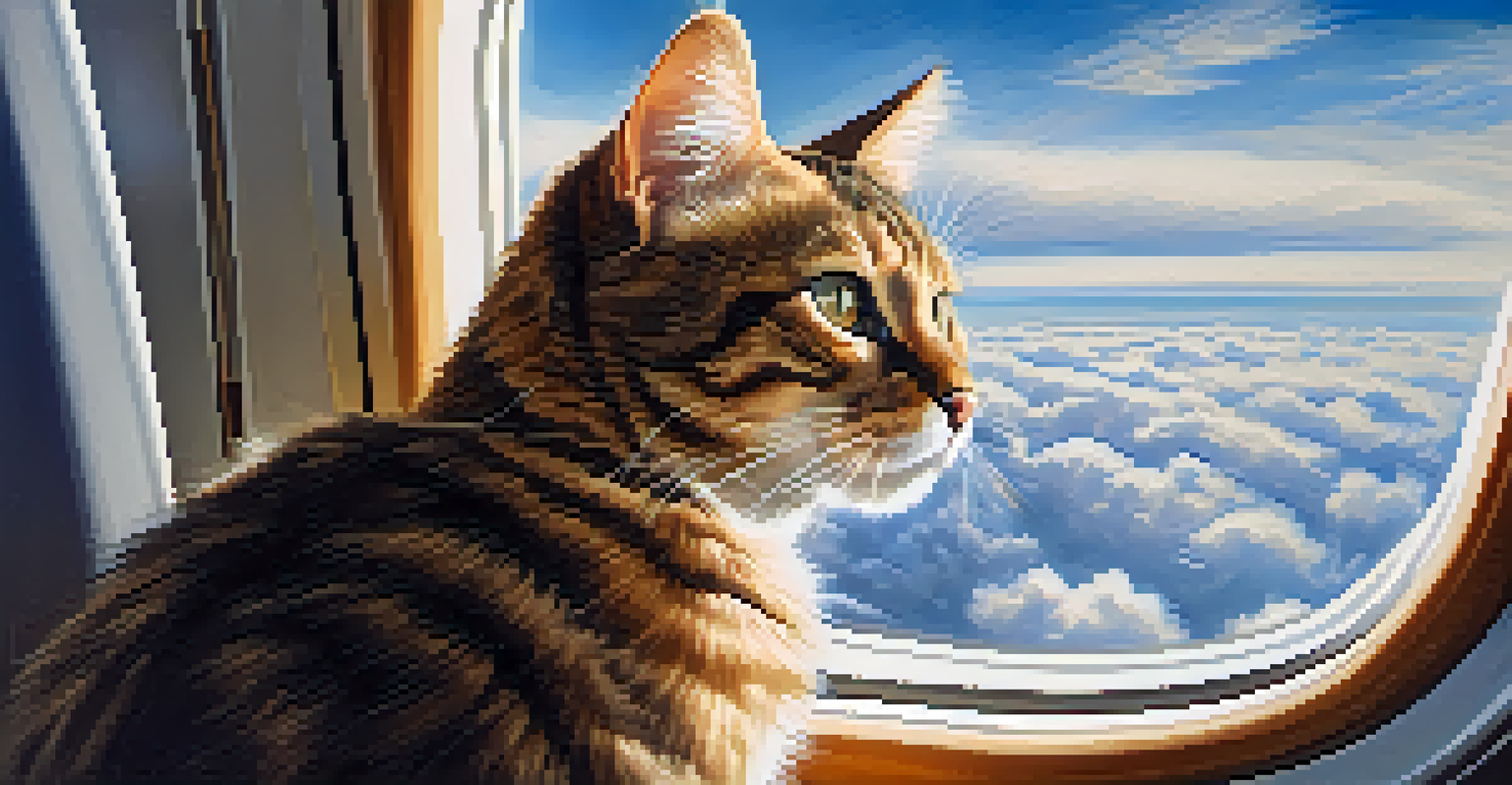 A curious cat looks out an airplane window at clouds and sky, showcasing a sense of adventure.