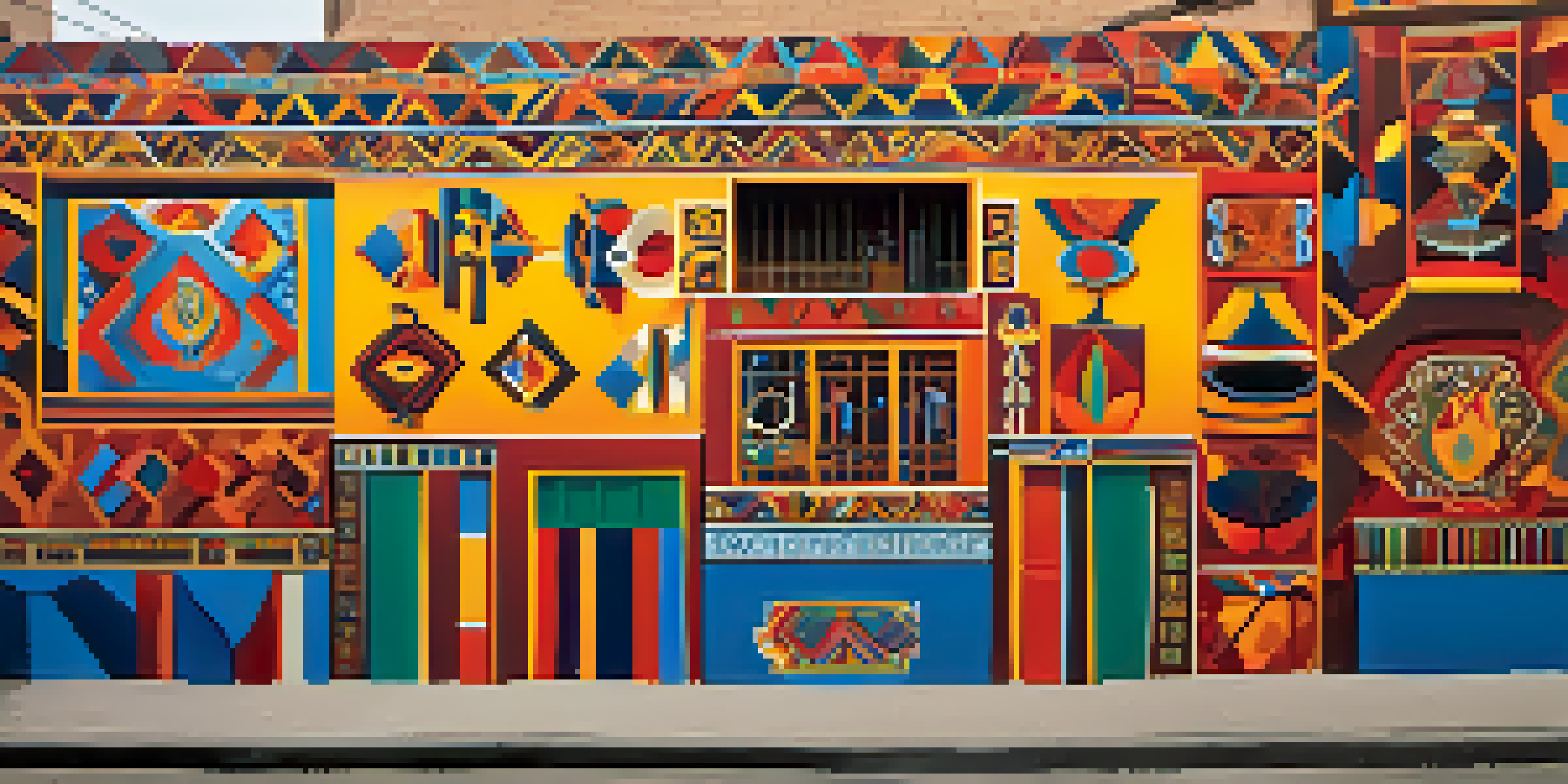 A colorful mural showcasing indigenous Peruvian symbols and patterns in an urban setting, illuminated by soft sunlight.
