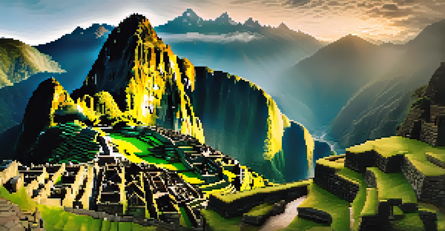An aerial view of Machu Picchu with misty mountains and lush greenery surrounding the ancient ruins.