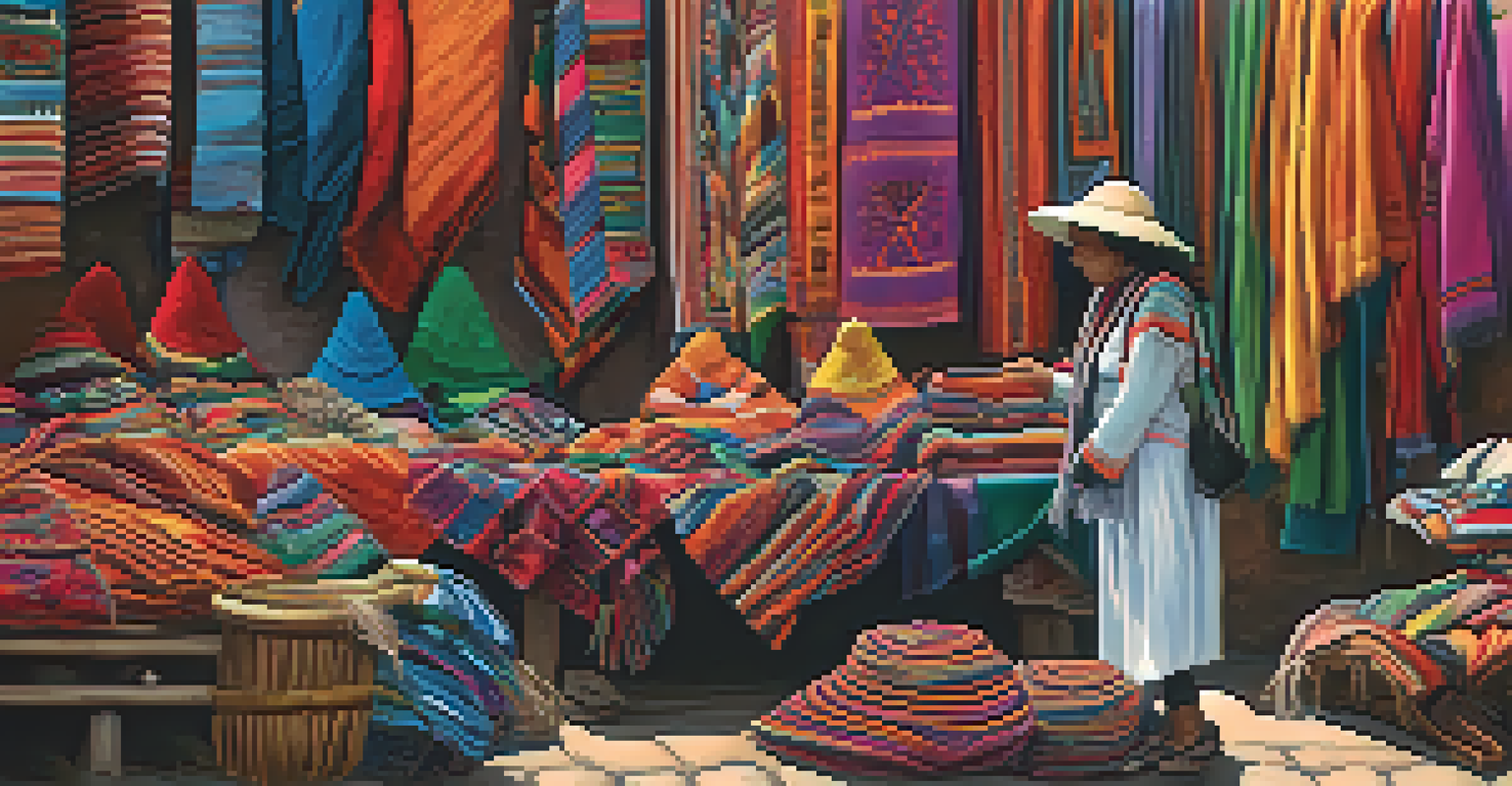 A bustling Peruvian market with artisans displaying colorful handmade textiles and interacting with customers.