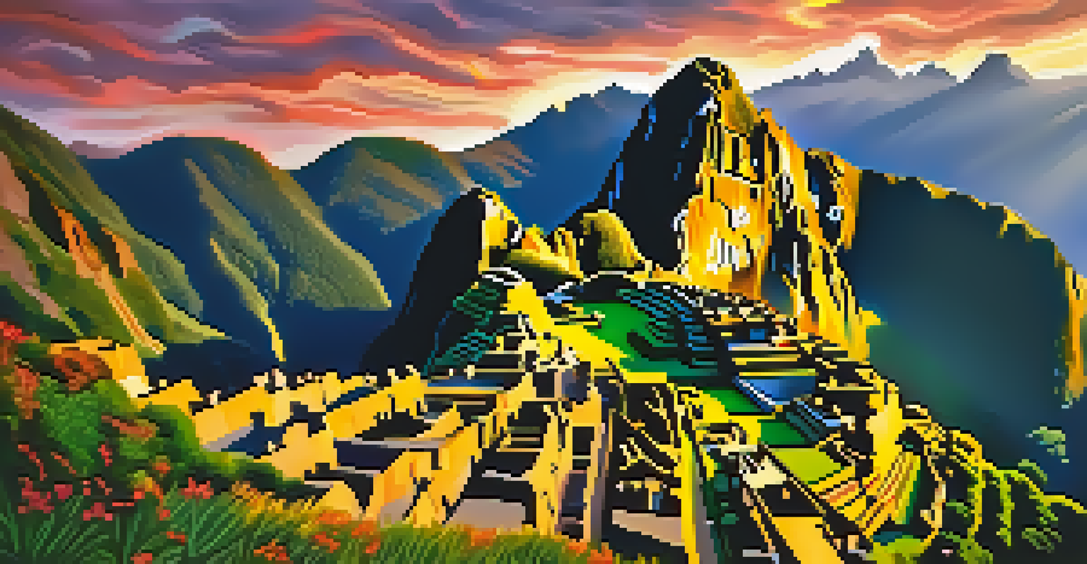 Aerial view of Machu Picchu in the morning light, surrounded by mountains and lush greenery, with clouds creating a mystical atmosphere.