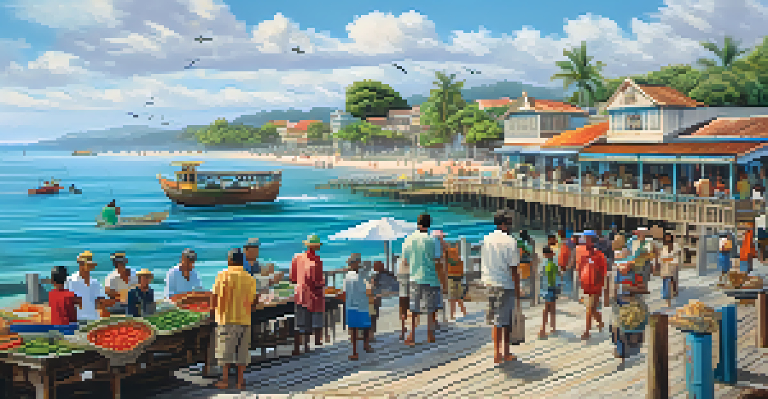 A scenic view of Pimentel's wooden pier with fishermen and locals, surrounded by colonial architecture and vibrant markets, with ocean waves in the background.