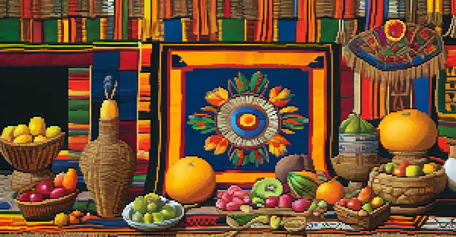 A close-up of traditional Incan offerings for the Inti Raymi festival, featuring colorful fruits and flowers on a woven textile.