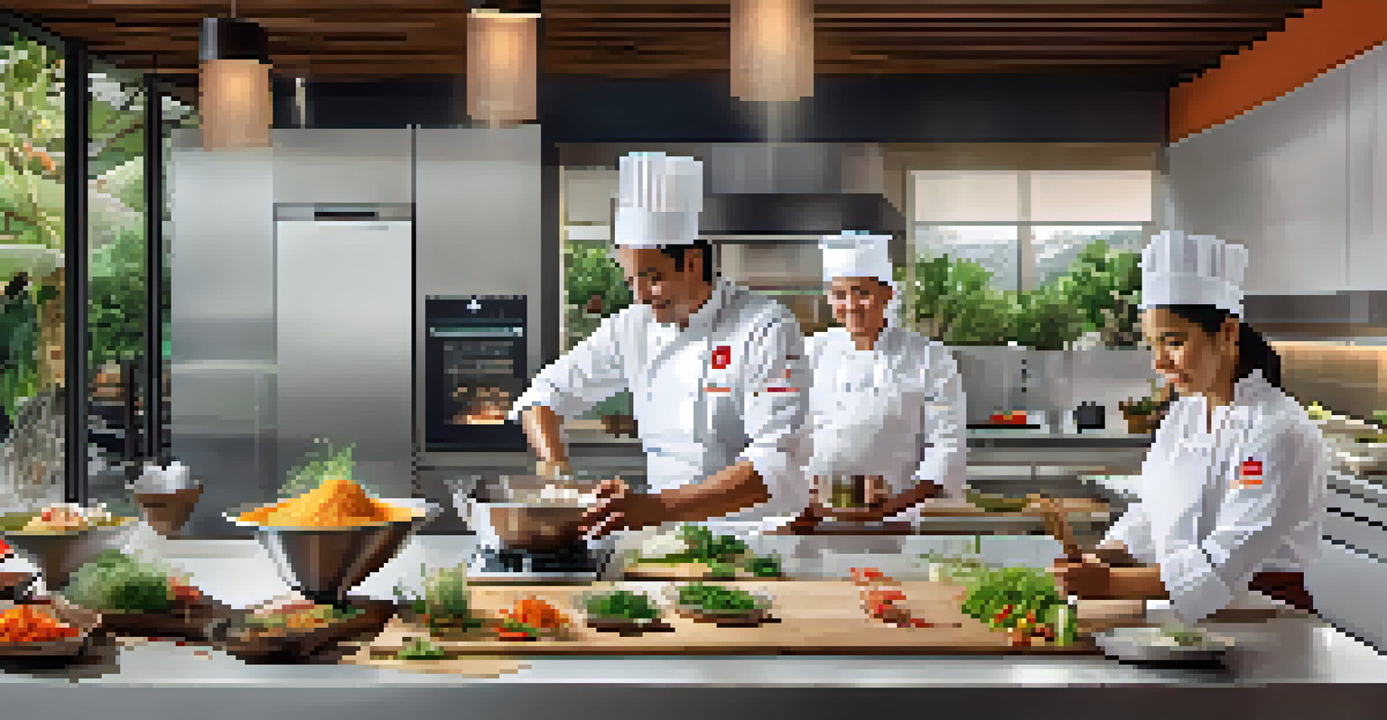 A modern kitchen with chefs preparing Peruvian dishes using traditional ingredients, featuring a contemporary design and bright lighting.
