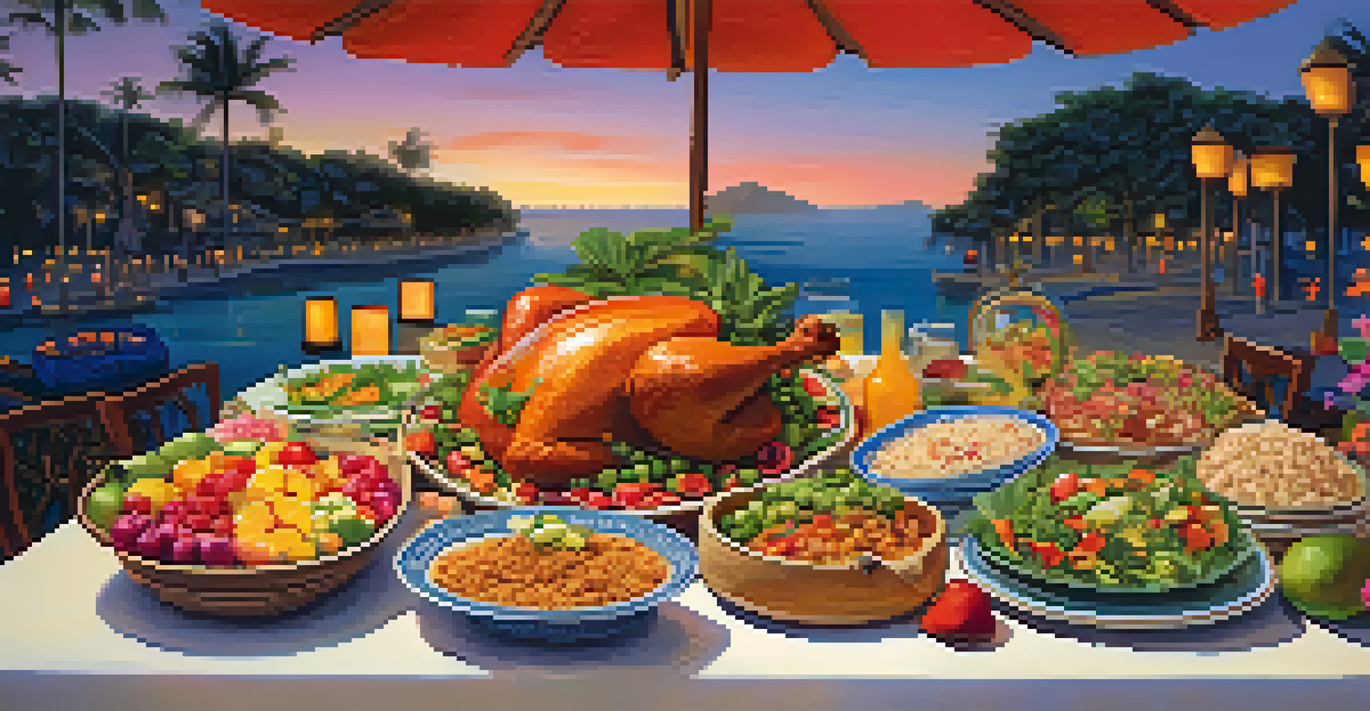 A table filled with traditional dishes from the Festival of San Juan, including juanes, surrounded by flowers and lanterns.