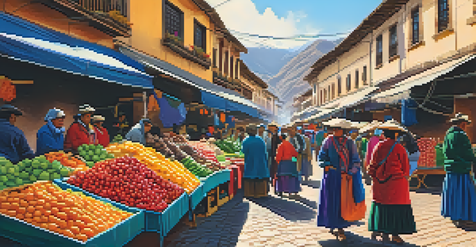 A bustling market in Cusco, Peru, filled with colorful stalls and people engaging with local vendors.