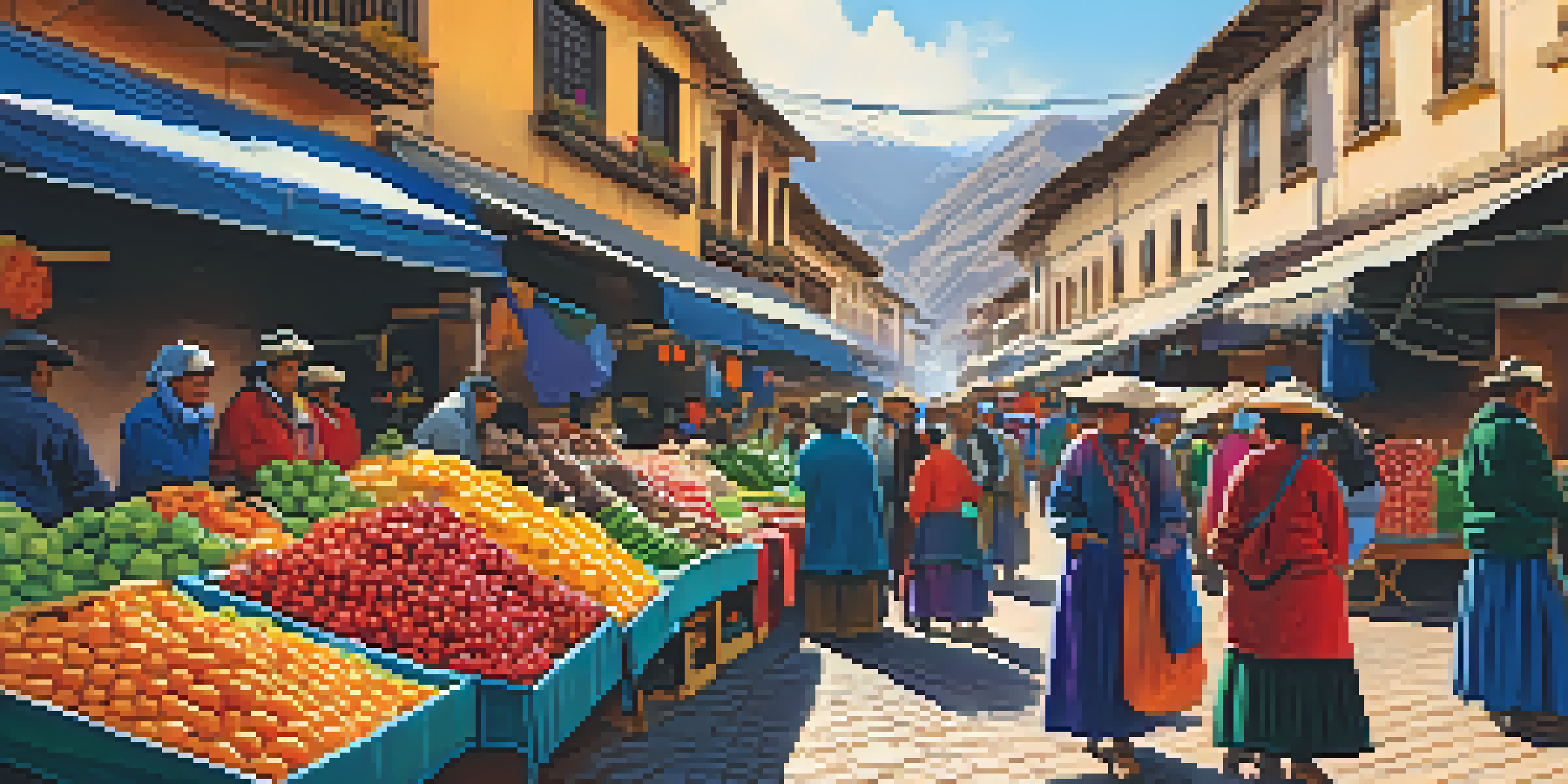 A bustling market in Cusco, Peru, filled with colorful stalls and people engaging with local vendors.