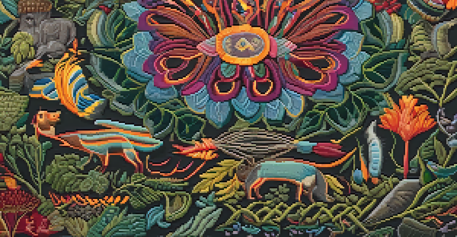 A close-up of a textile depicting Pachamama with intricate patterns of nature, showcasing rich colors and texture.