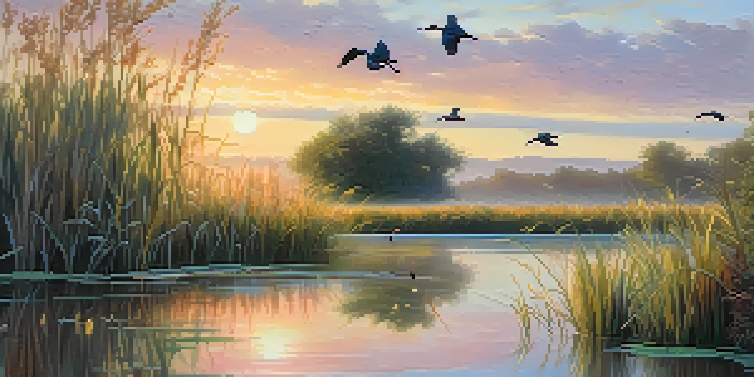 A peaceful wetland at sunrise with lush reeds, wildflowers, and birds flying in the sky.