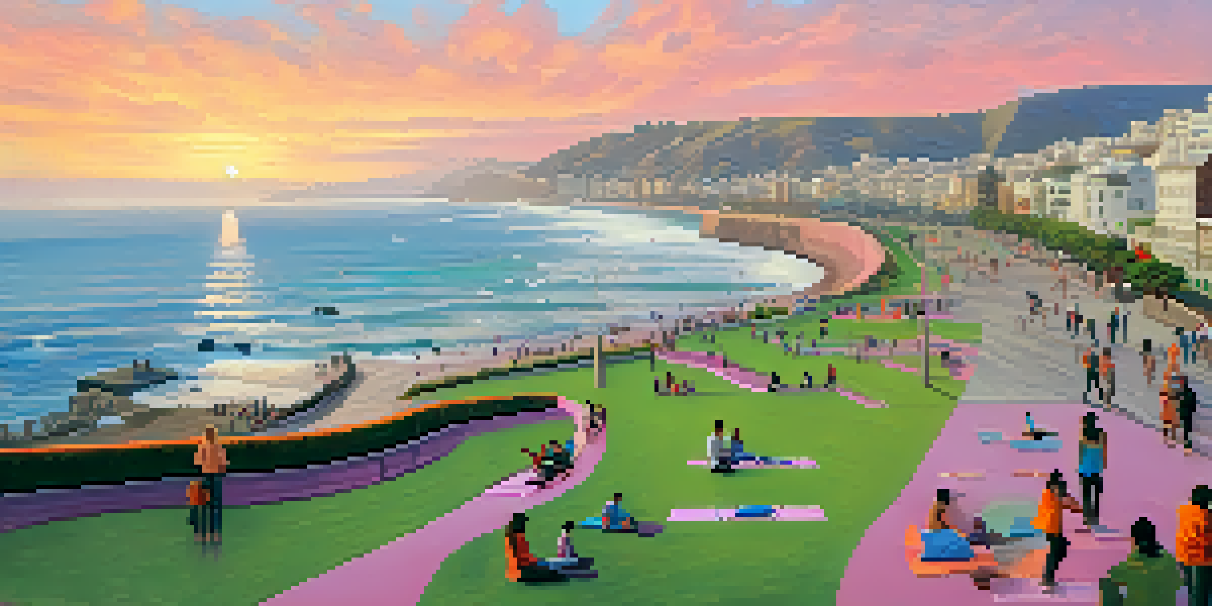A picturesque sunset view of the Malecón de Miraflores, with people walking, practicing yoga, and flying kites along the oceanfront promenade.