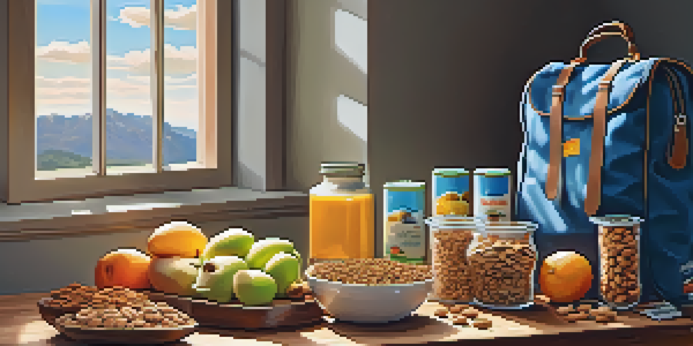 A travel bag filled with healthy snacks such as nuts and dried fruits, set on a wooden table with sunlight streaming through a window.