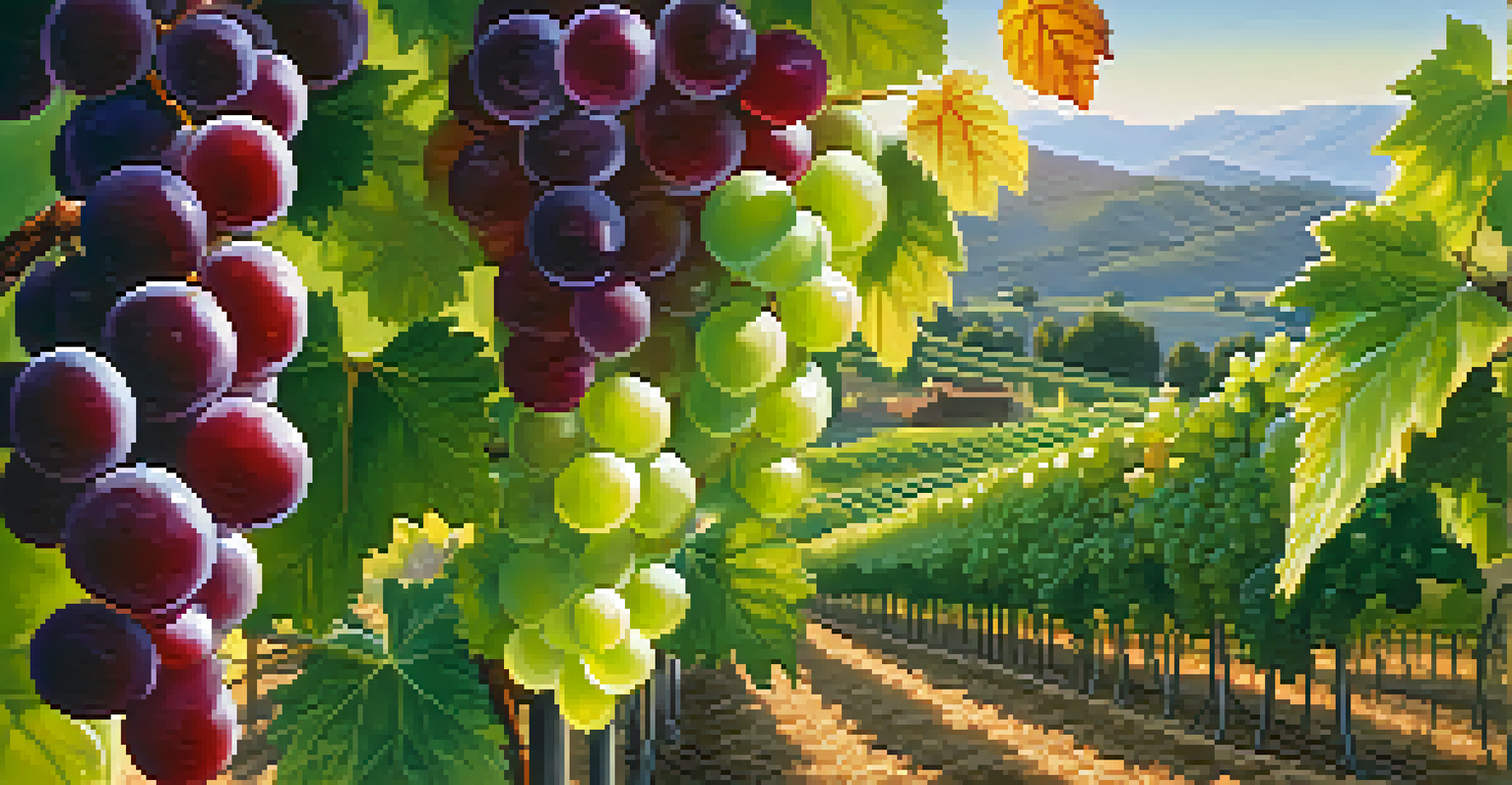 Close-up of colorful grapes on a vine in a high-altitude vineyard with mountains in the background.