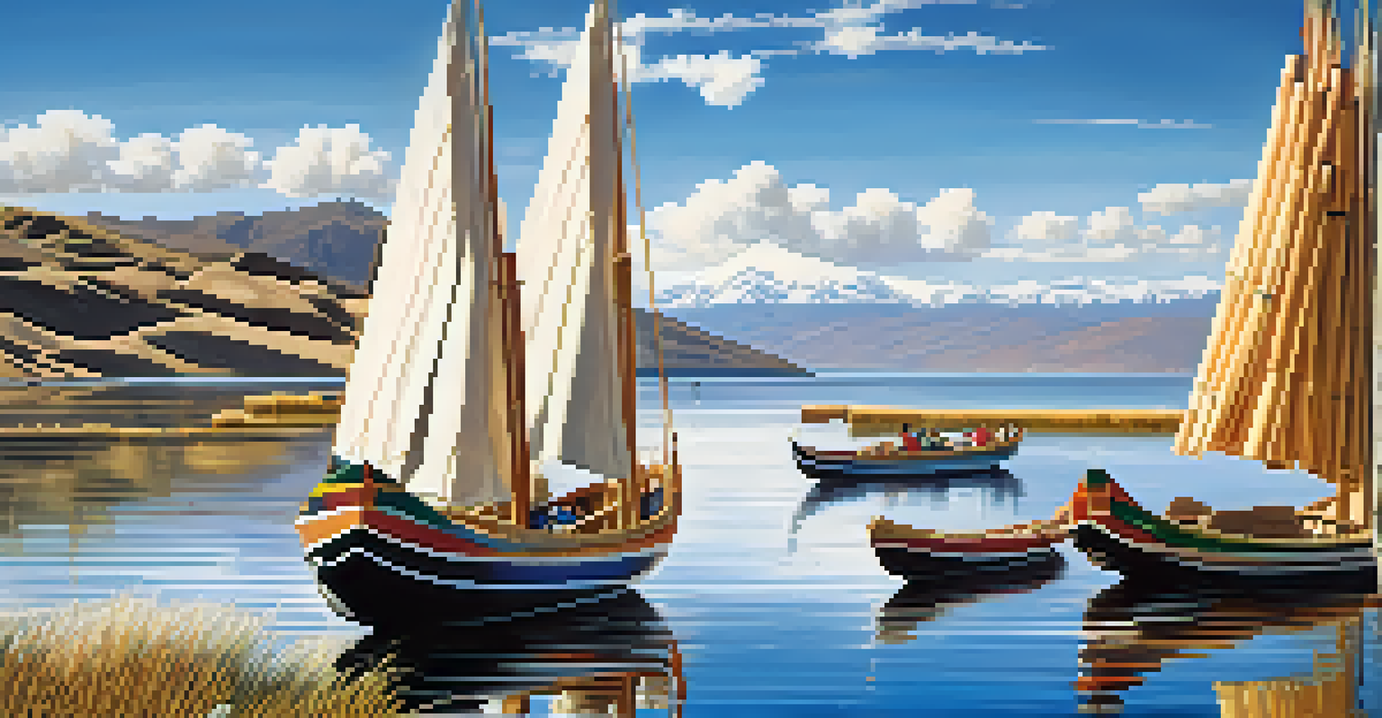 A tranquil view of Lake Titicaca with blue waters reflecting the Andes, featuring reed boats and local artisans along the shore.