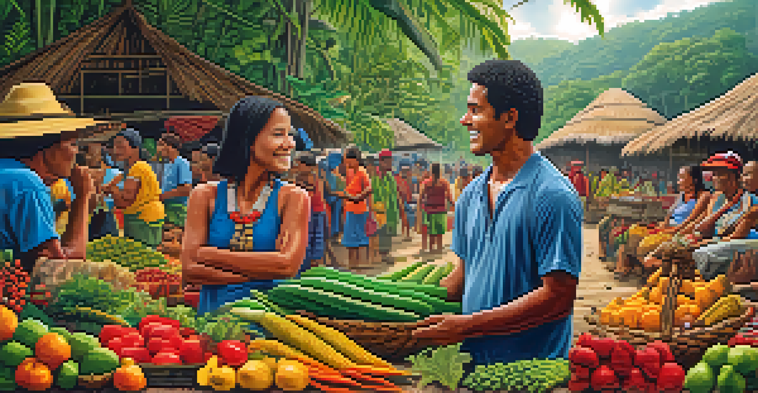 An eco-tourist interacting with an indigenous community in a vibrant market surrounded by the rainforest.