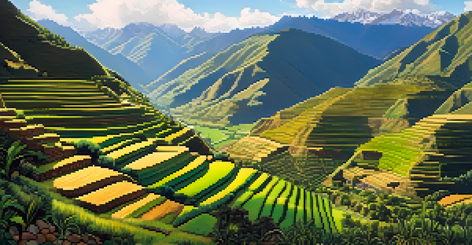 A panoramic view of the Sacred Valley in Peru, featuring lush green agricultural terraces, dramatic mountains, and ancient Inca ruins under a clear blue sky.