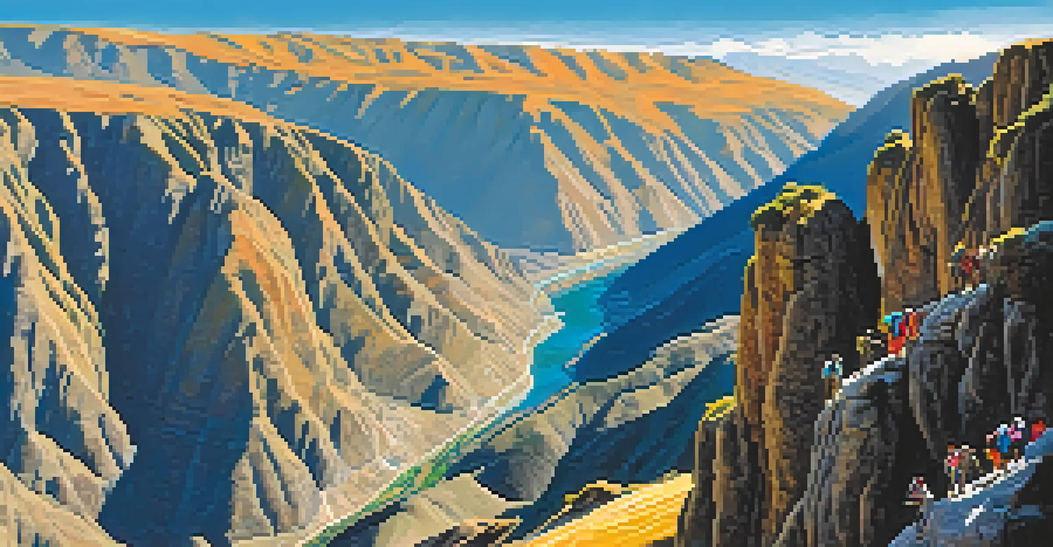 A group of adventurers navigating steep descents in Colca Canyon, with dramatic cliffs and diverse wildlife under a blue sky.