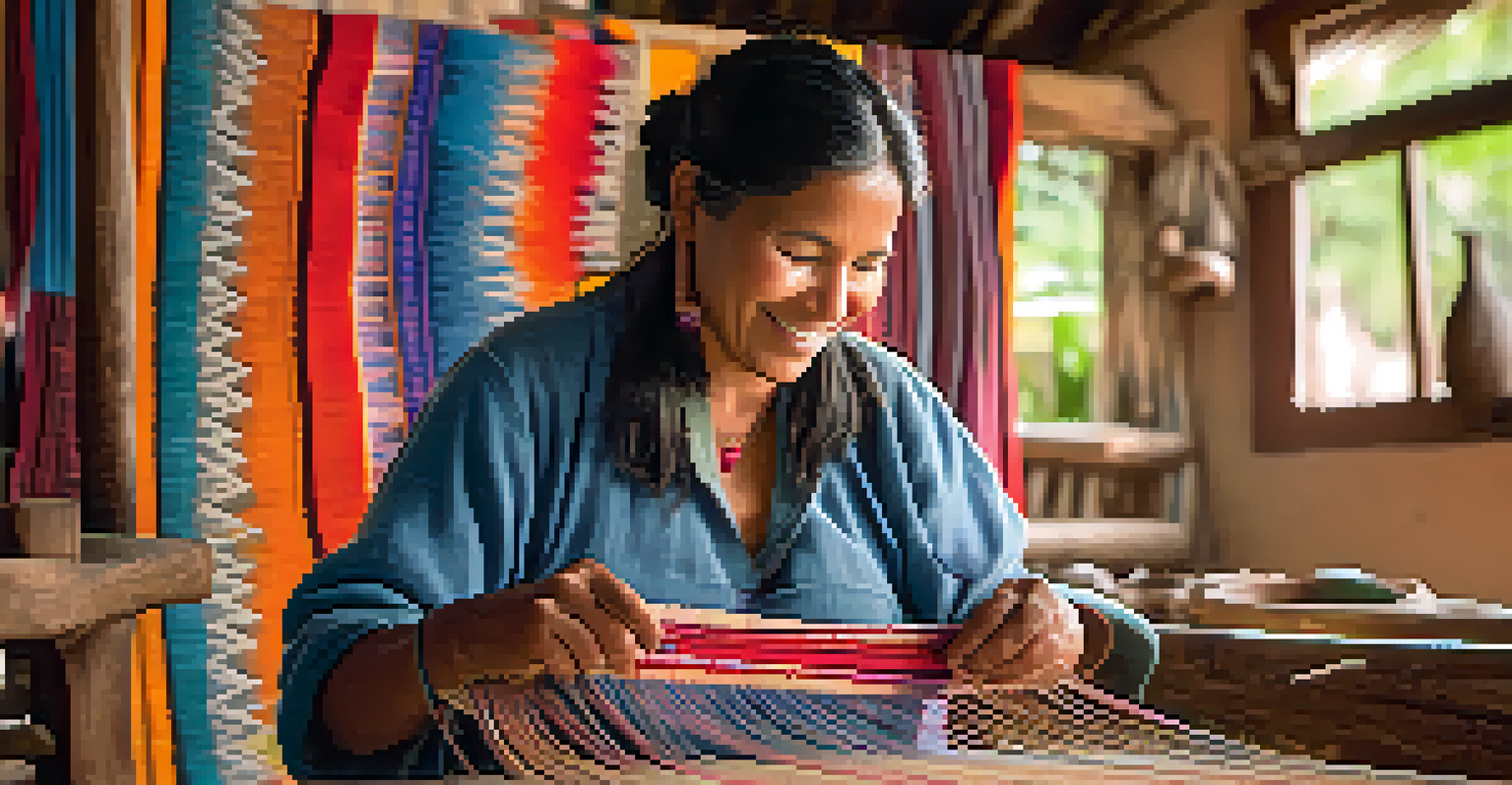 A local artisan weaving colorful textiles at an eco-lodge, surrounded by vibrant fabrics and warm natural light.