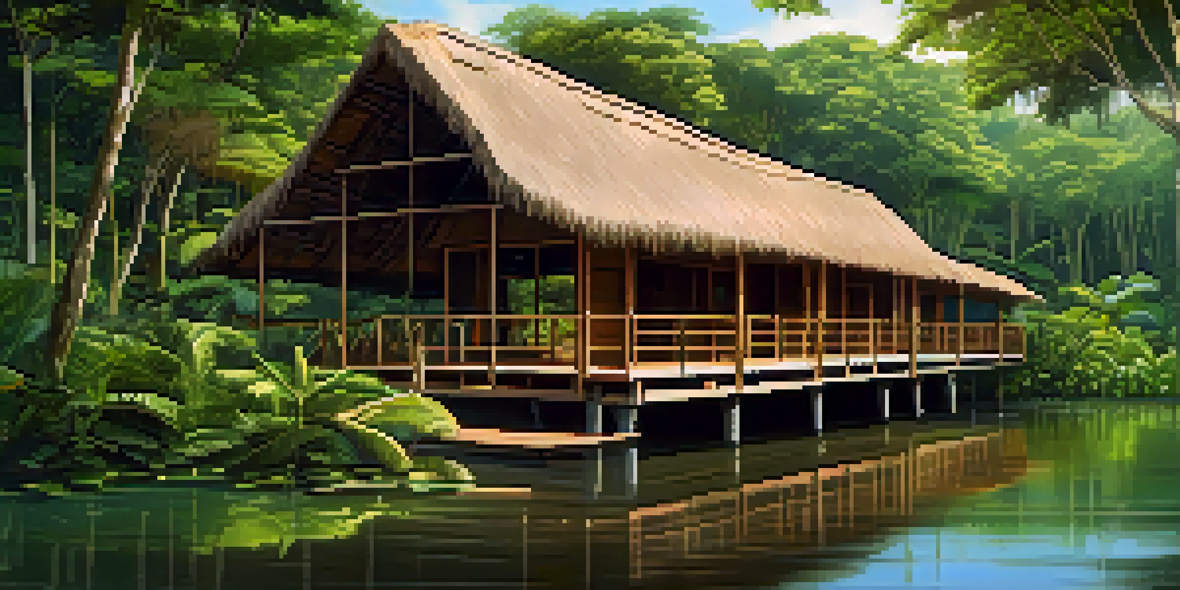 An eco-lodge in the Amazon rainforest surrounded by greenery with sunlight filtering through the trees.