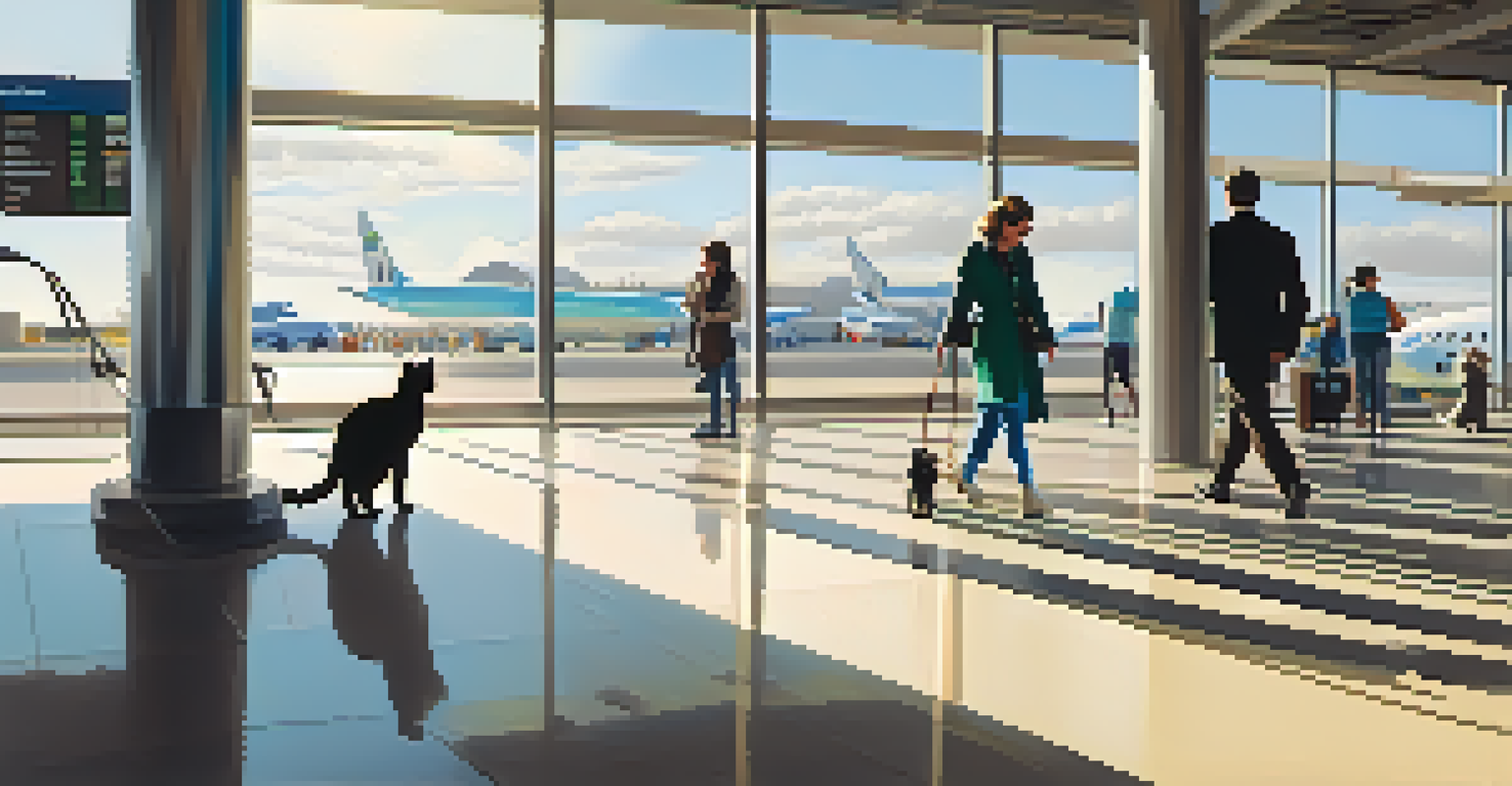 A pet owner walking a cat on a leash at an airport terminal with travelers in the background.
