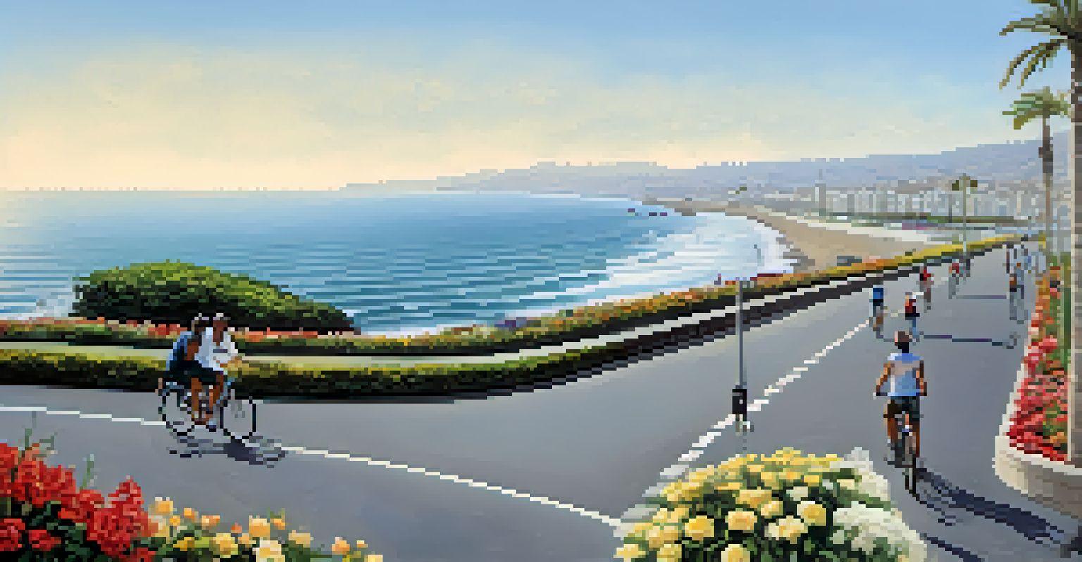 A scenic view of the Malecón in Miraflores, Lima, featuring the ocean, people biking, and lush greenery.