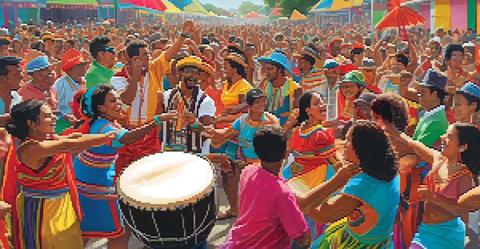 Performers in vibrant costumes dance at the Festival de la Cumbia, with a diverse crowd enjoying the music.