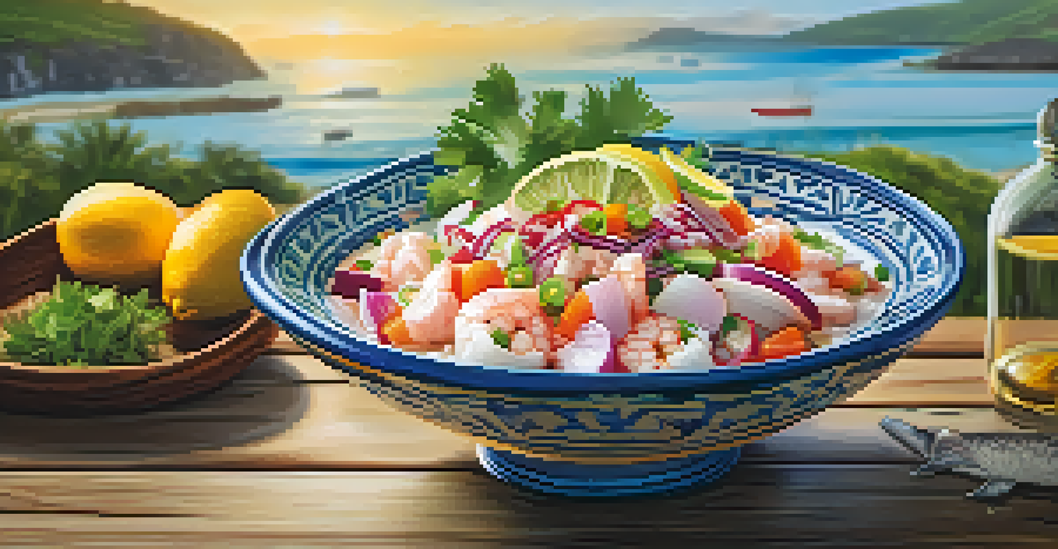 An artistic close-up of ceviche, showcasing fresh fish with garnishes and served on a rustic table, against a blurred coastal background.