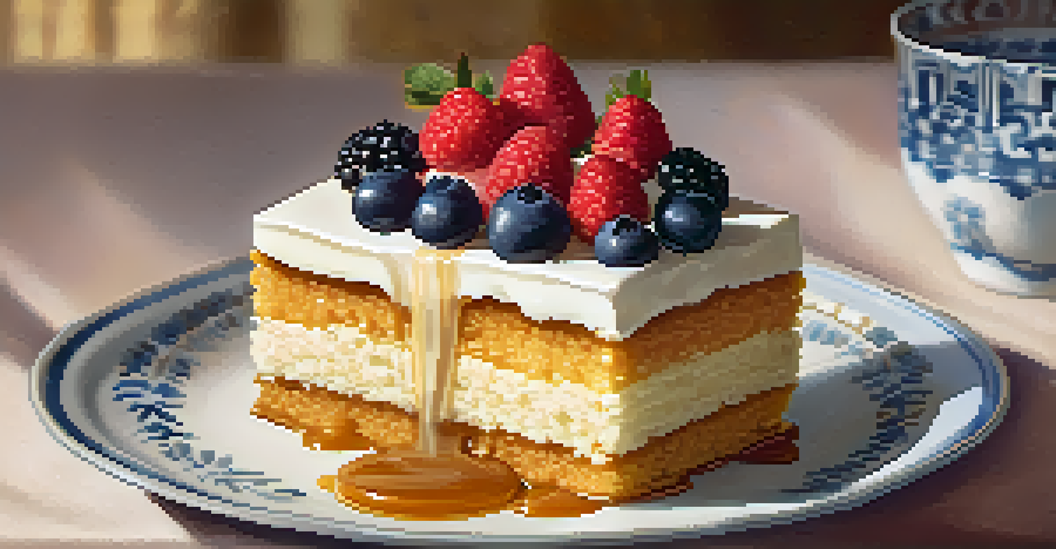 A slice of tres leches cake infused with lucuma, drizzled with caramel and topped with fresh berries.
