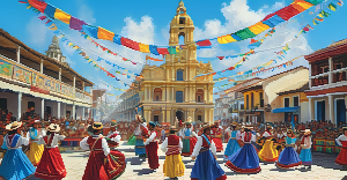 A lively Peruvian festival with dancers in colorful costumes, musicians, and historic buildings in a sunny plaza.