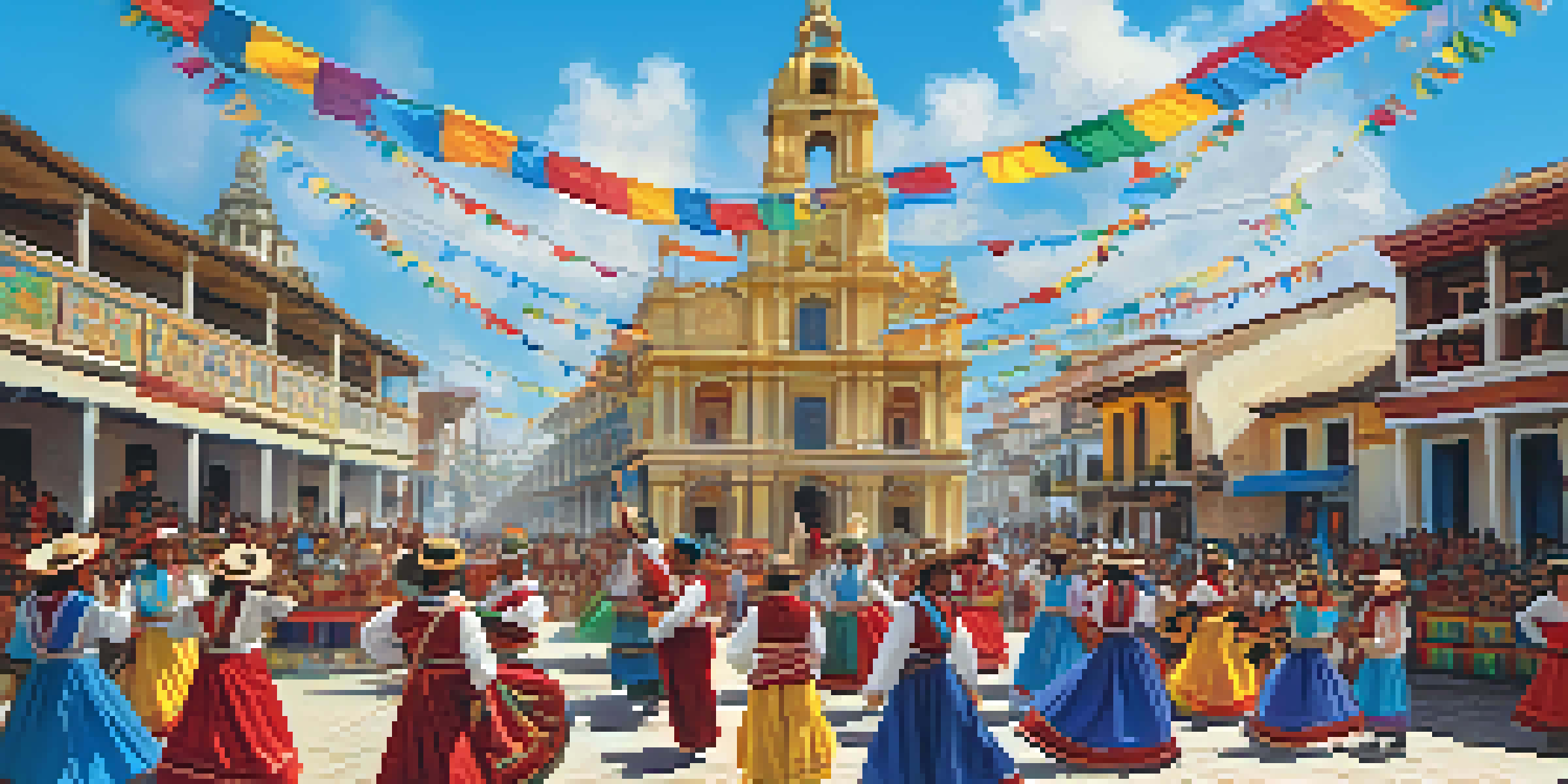 A lively Peruvian festival with dancers in colorful costumes, musicians, and historic buildings in a sunny plaza.