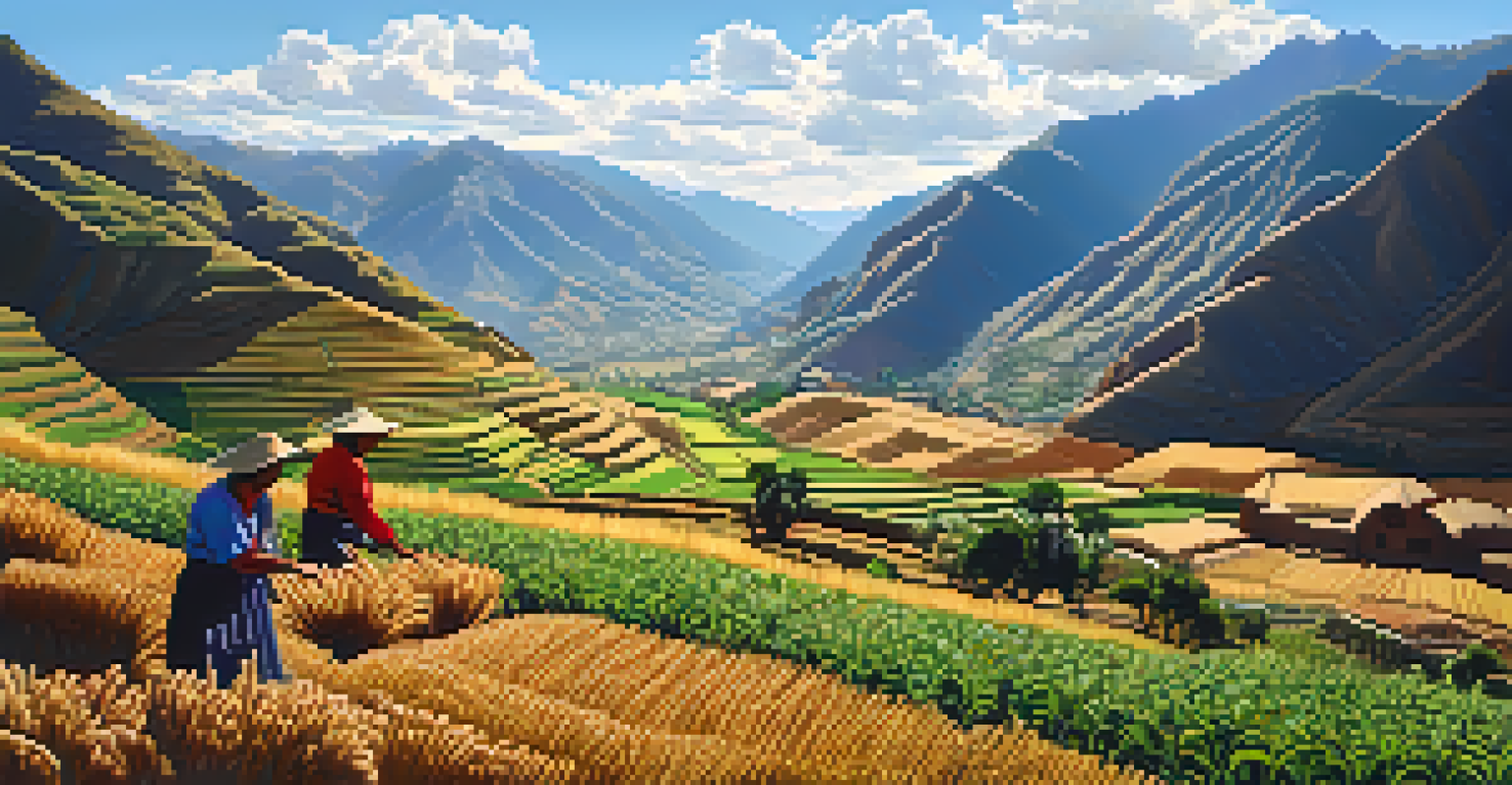 A picturesque view of the Sacred Valley in Peru with terraced fields and farmers harvesting quinoa, surrounded by mountains.