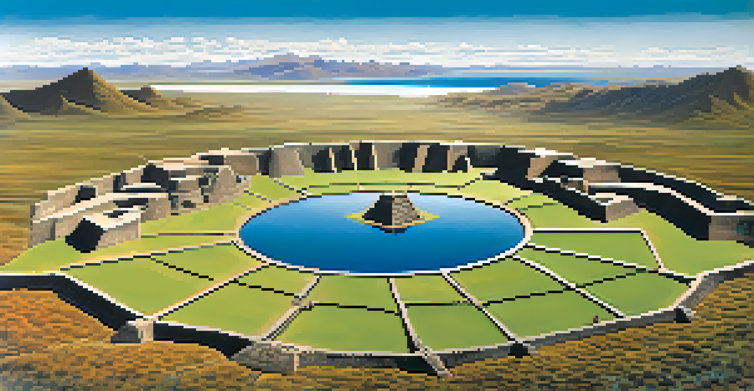 An aerial view of the Sillustani archaeological site, featuring stone towers in alignment with mountains and a lake, under a clear blue sky.