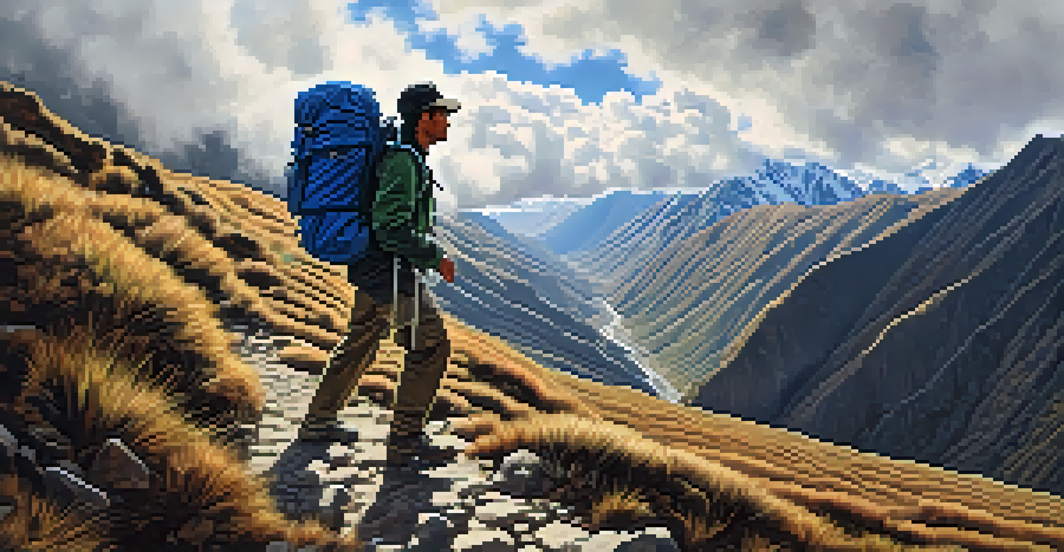 A hiker climbing Dead Woman's Pass on the Inca Trail, surrounded by mountains.