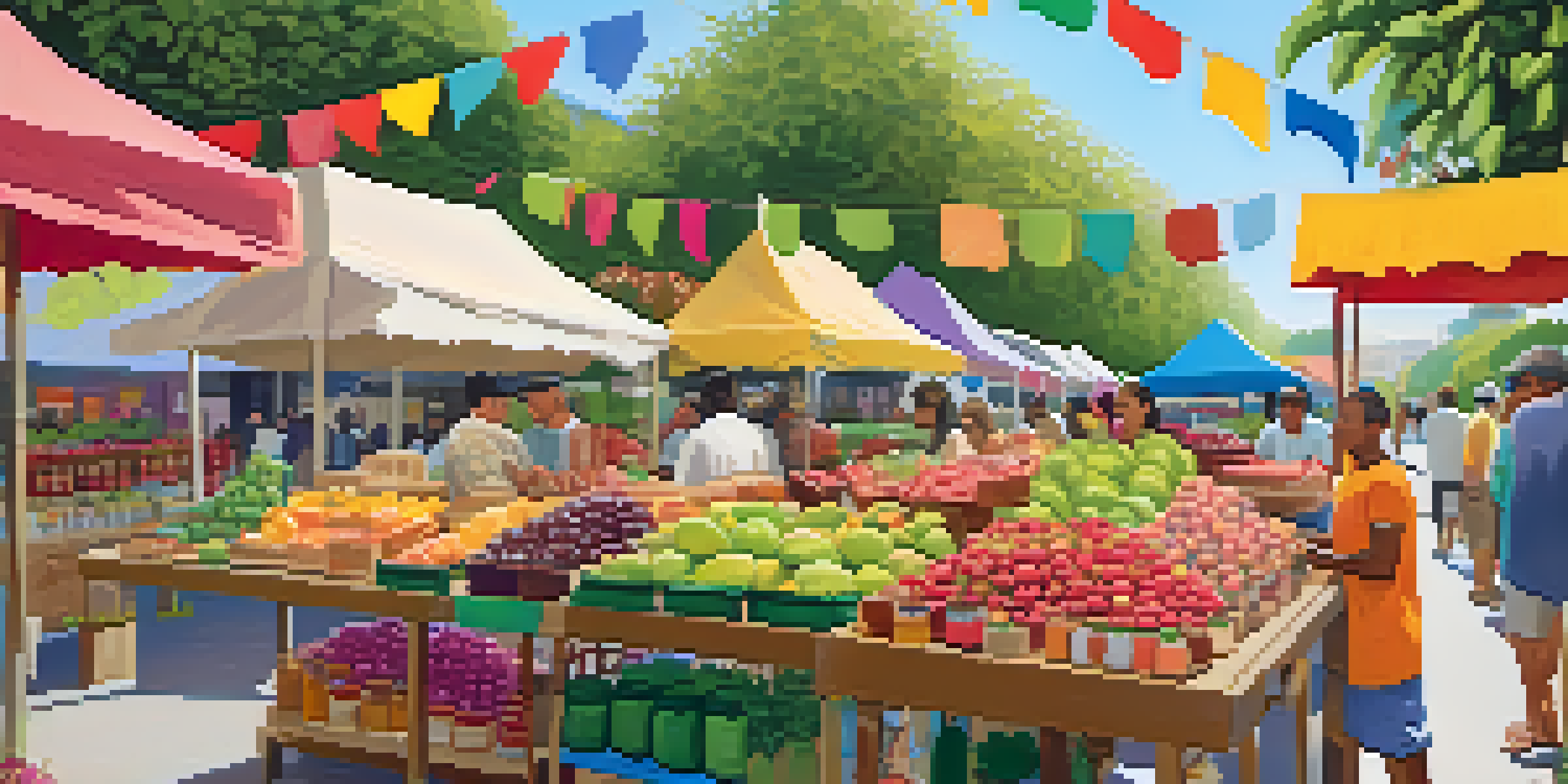 A lively farmers' market featuring colorful jars of artisanal jams and fresh fruits, with people engaging in conversation.