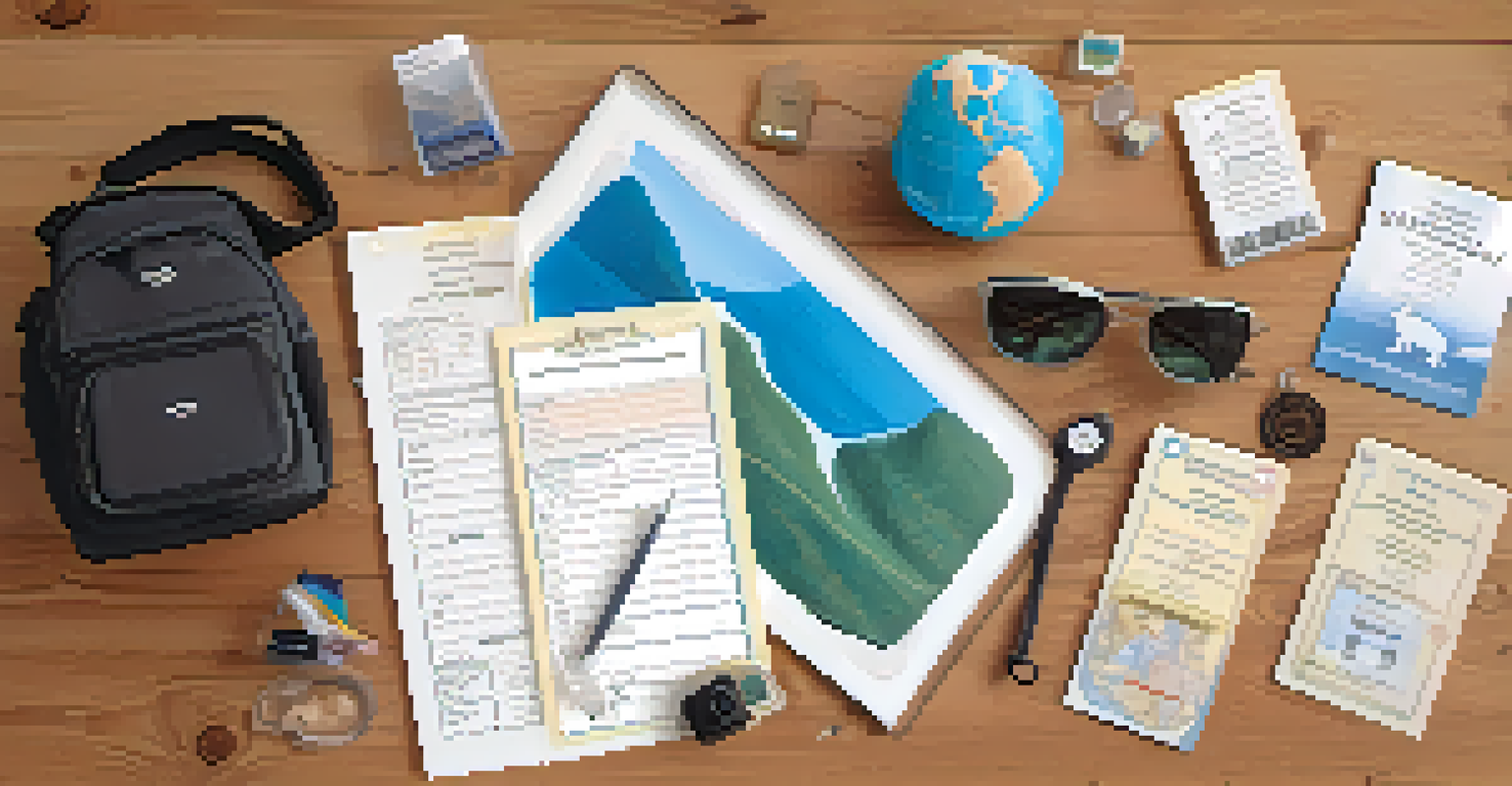 A flat lay of pet travel essentials including a carrier, vaccination records, and a globe on a wooden table.