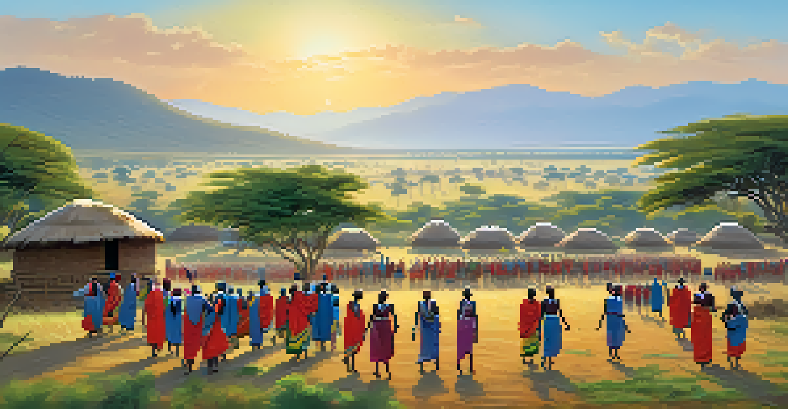A Maasai community engaging in a cultural dance with traditional huts and lush greenery in the background.