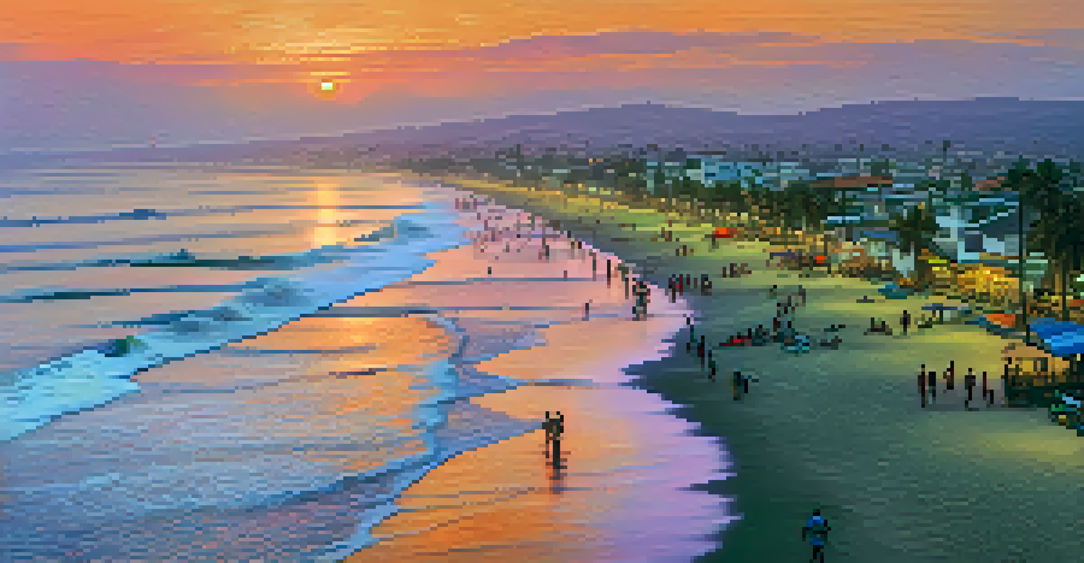 Aerial view of Huanchaco beach at sunset with surfers and families on the shore, featuring a colorful sky and fishing boats.