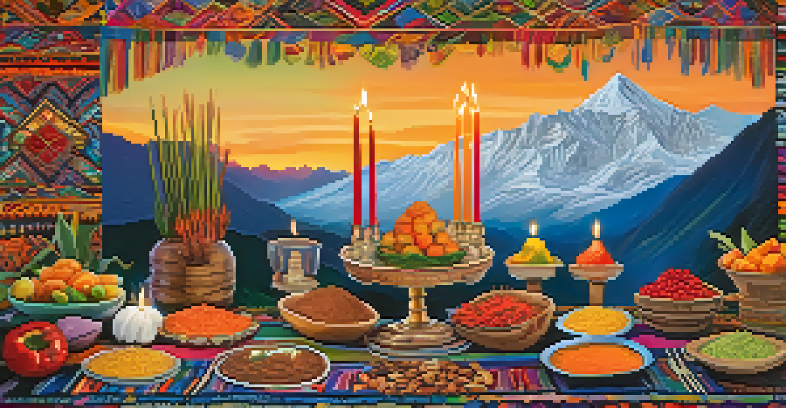 A detailed view of a despacho ceremony with a colorful offering arrangement on a textile, surrounded by candles and mountains.