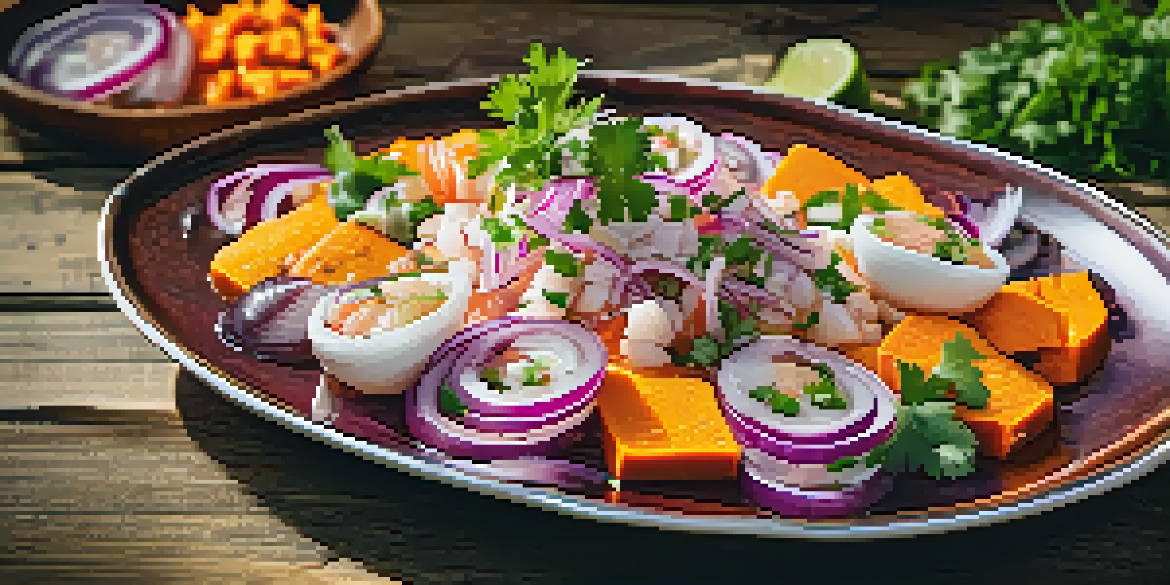 A plate of ceviche with fresh fish, lime juice, red onion, and sweet potato on a wooden table.