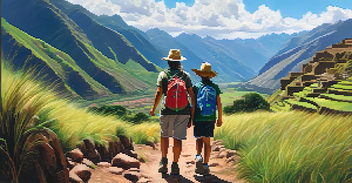 A happy family hiking on a scenic trail with mountains and ancient ruins in the background.